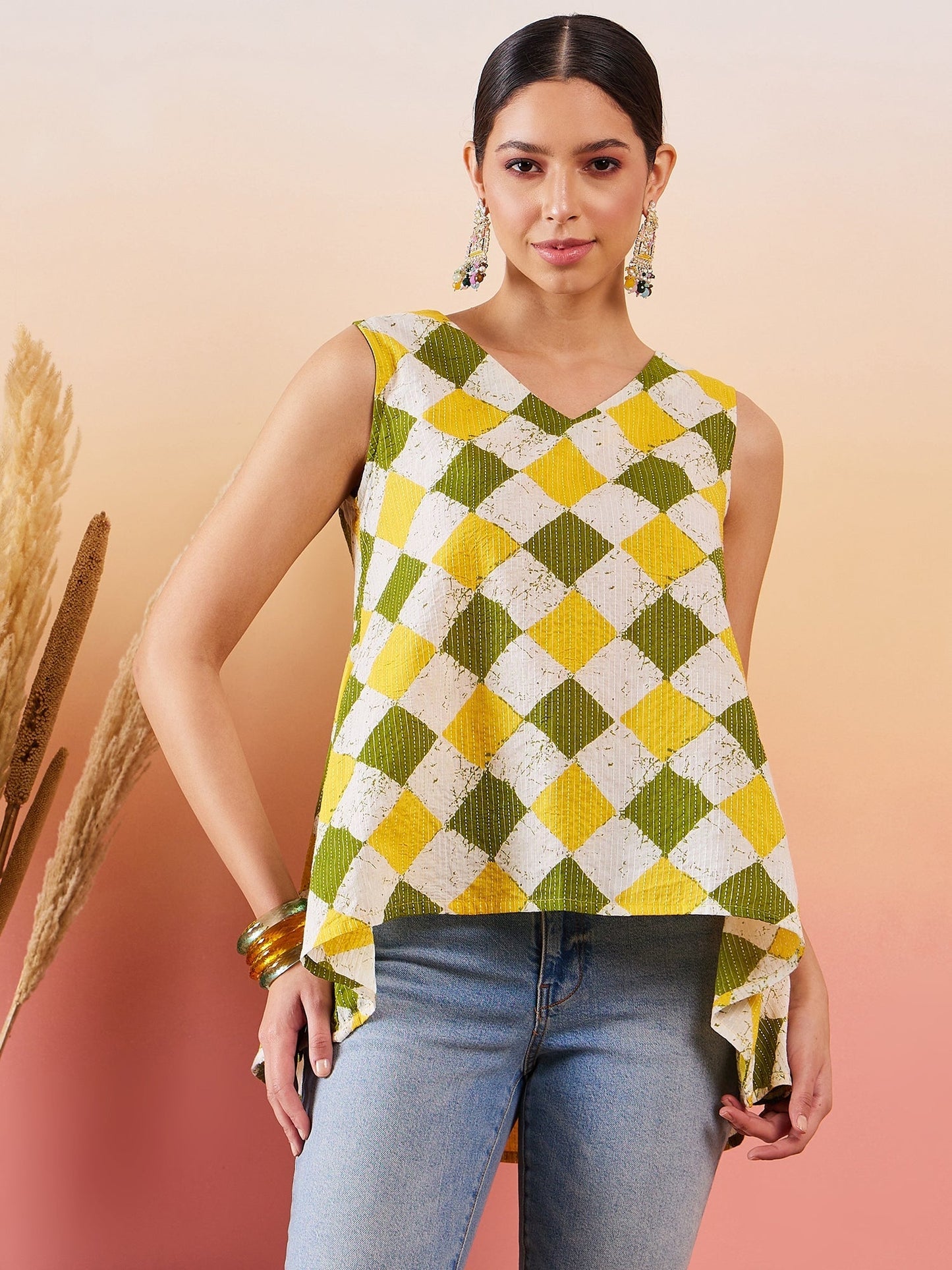 InWeave Yellow Green Geometric Print Kantha V Neck W/S Top - Swadesiicart