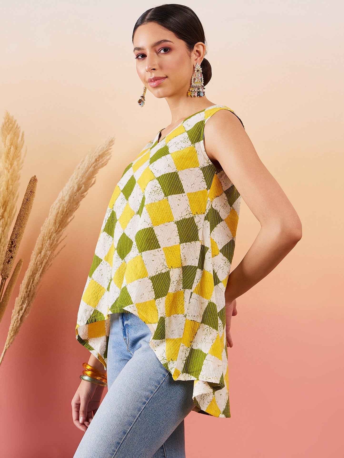InWeave Yellow Green Geometric Print Kantha V Neck W/S Top - Swadesiicart