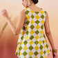 InWeave Yellow Green Geometric Print Kantha V Neck W/S Top - Swadesiicart