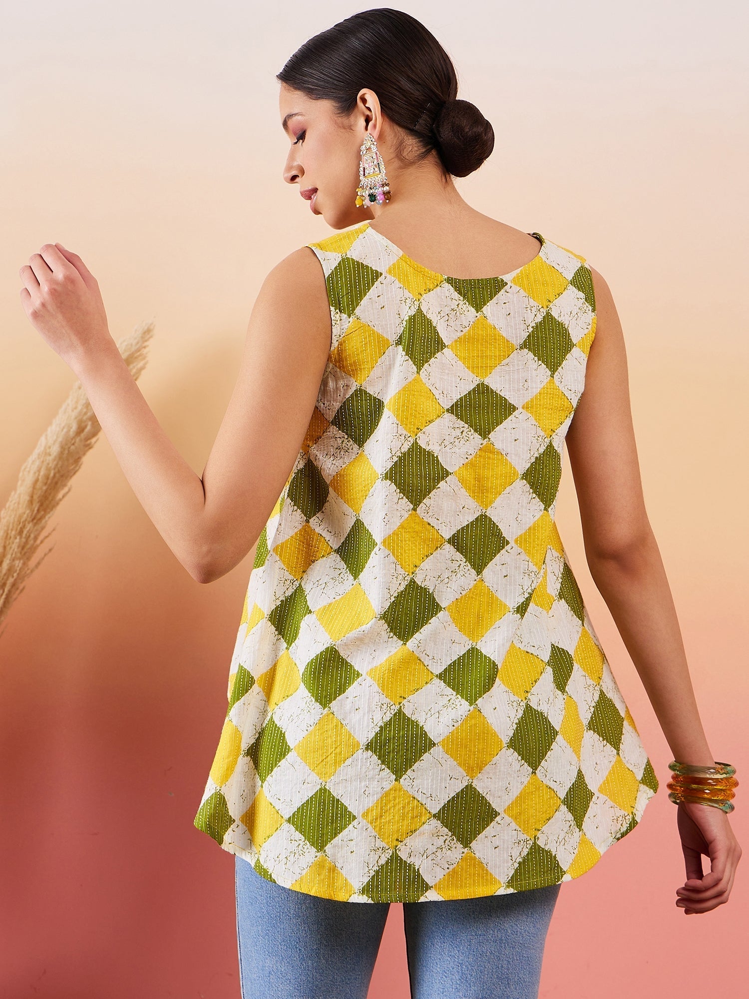 InWeave Yellow Green Geometric Print Kantha V Neck W/S Top - Swadesiicart