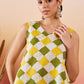 InWeave Yellow Green Geometric Print Kantha V Neck W/S Top - Swadesiicart