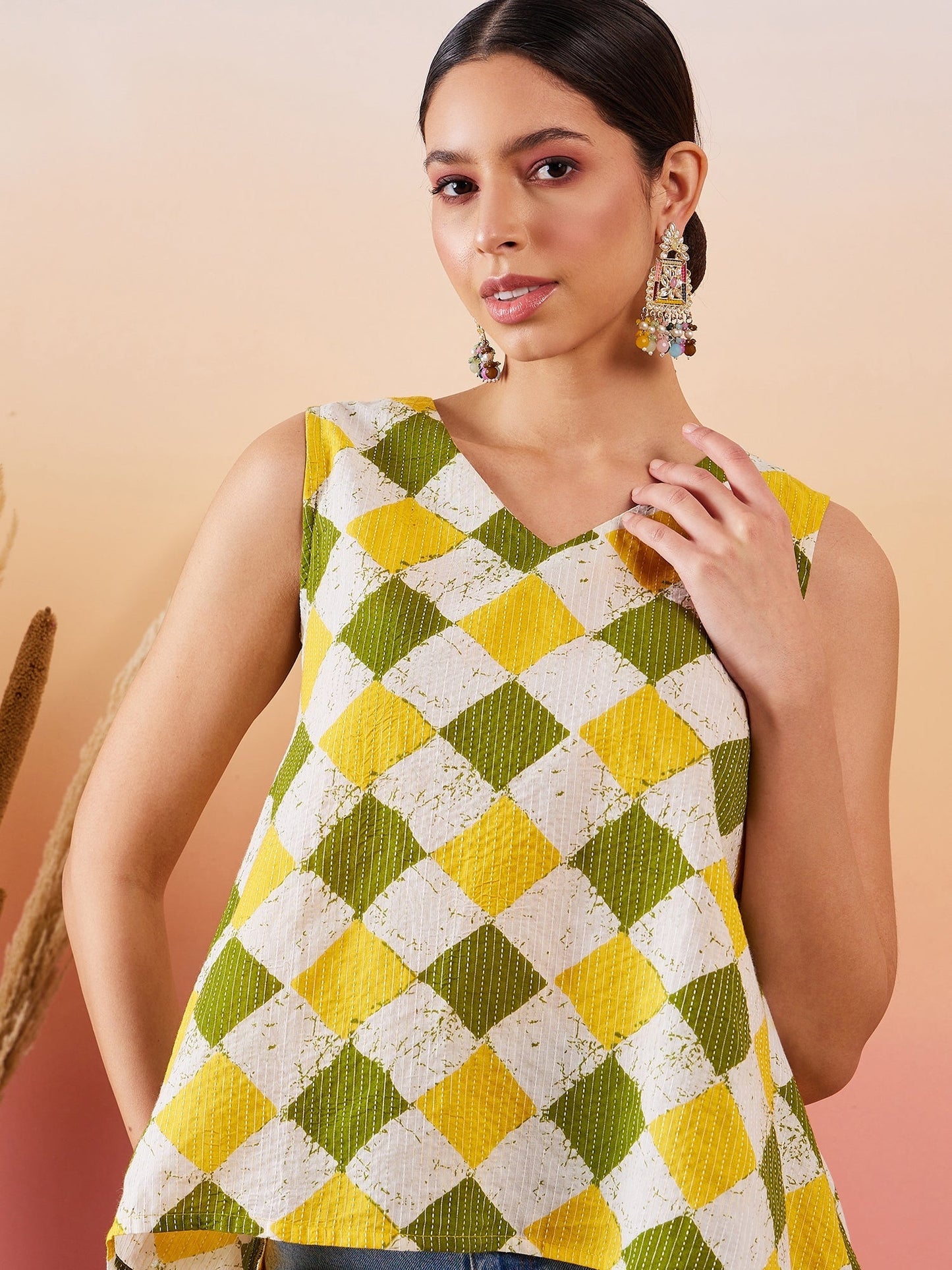 InWeave Yellow Green Geometric Print Kantha V Neck W/S Top - Swadesiicart