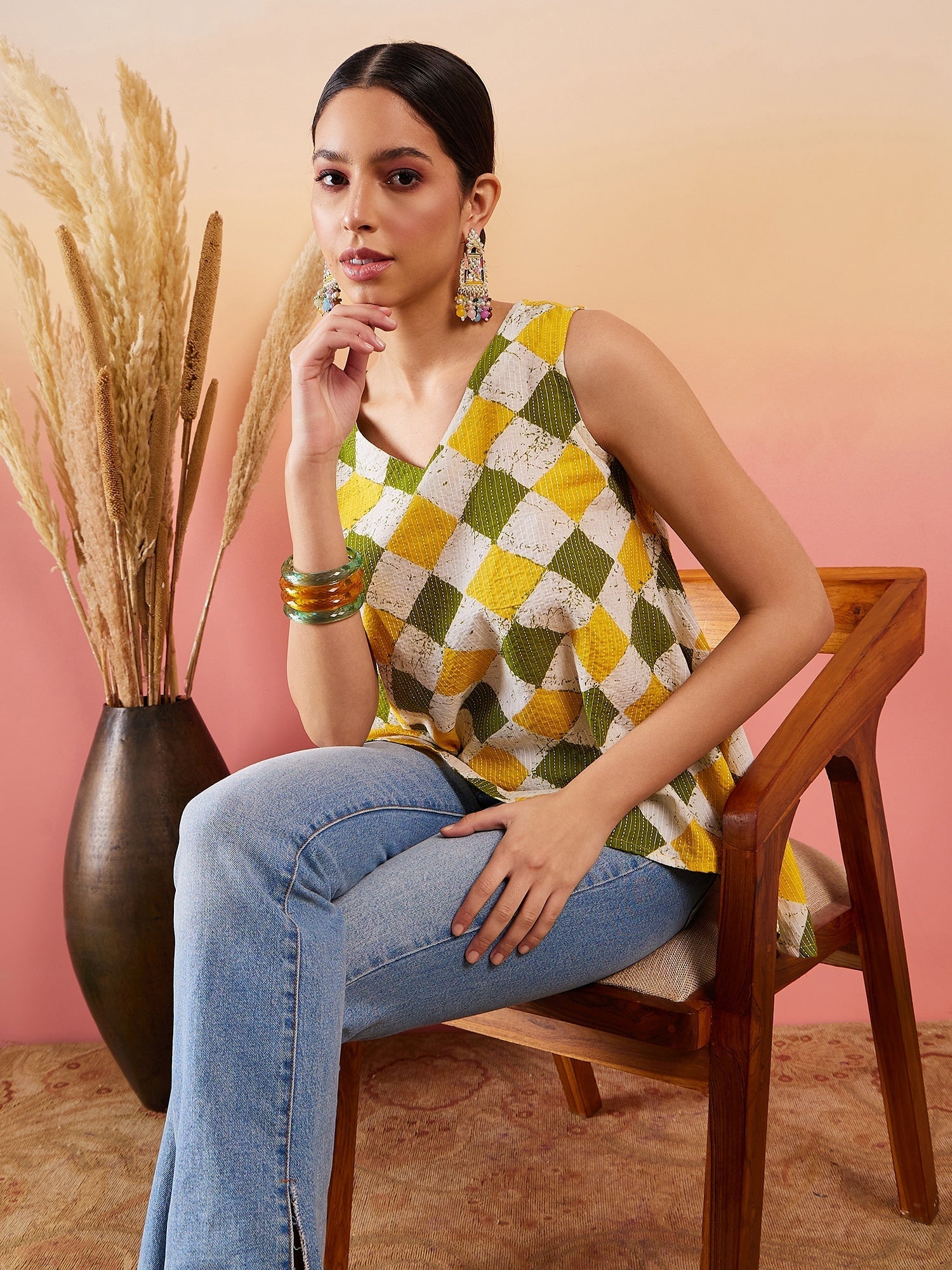 InWeave Yellow Green Geometric Print Kantha V Neck W/S Top - Swadesiicart