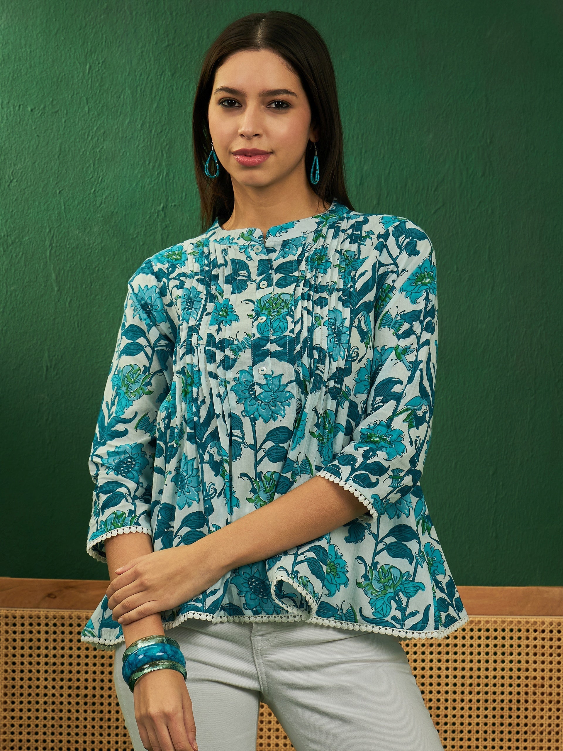 InWeave White Sea Blue Floral Print Front Pintex Lace Top - Swadesiicart