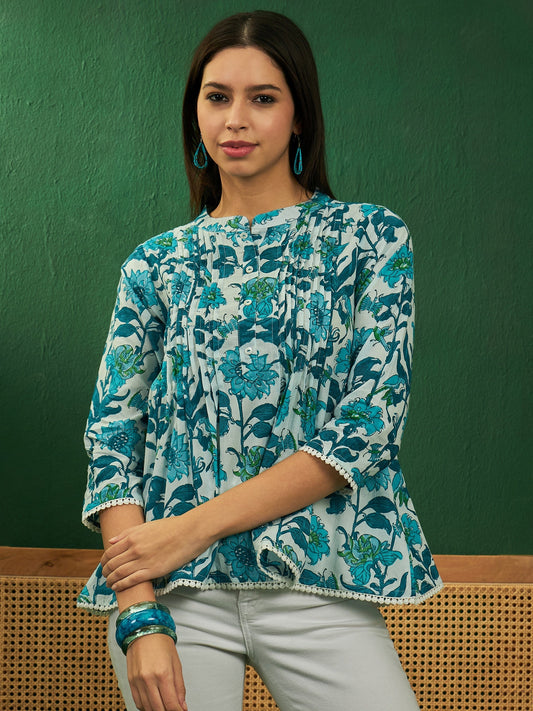 InWeave White Sea Blue Floral Print Front Pintex Lace Top - Swadesiicart