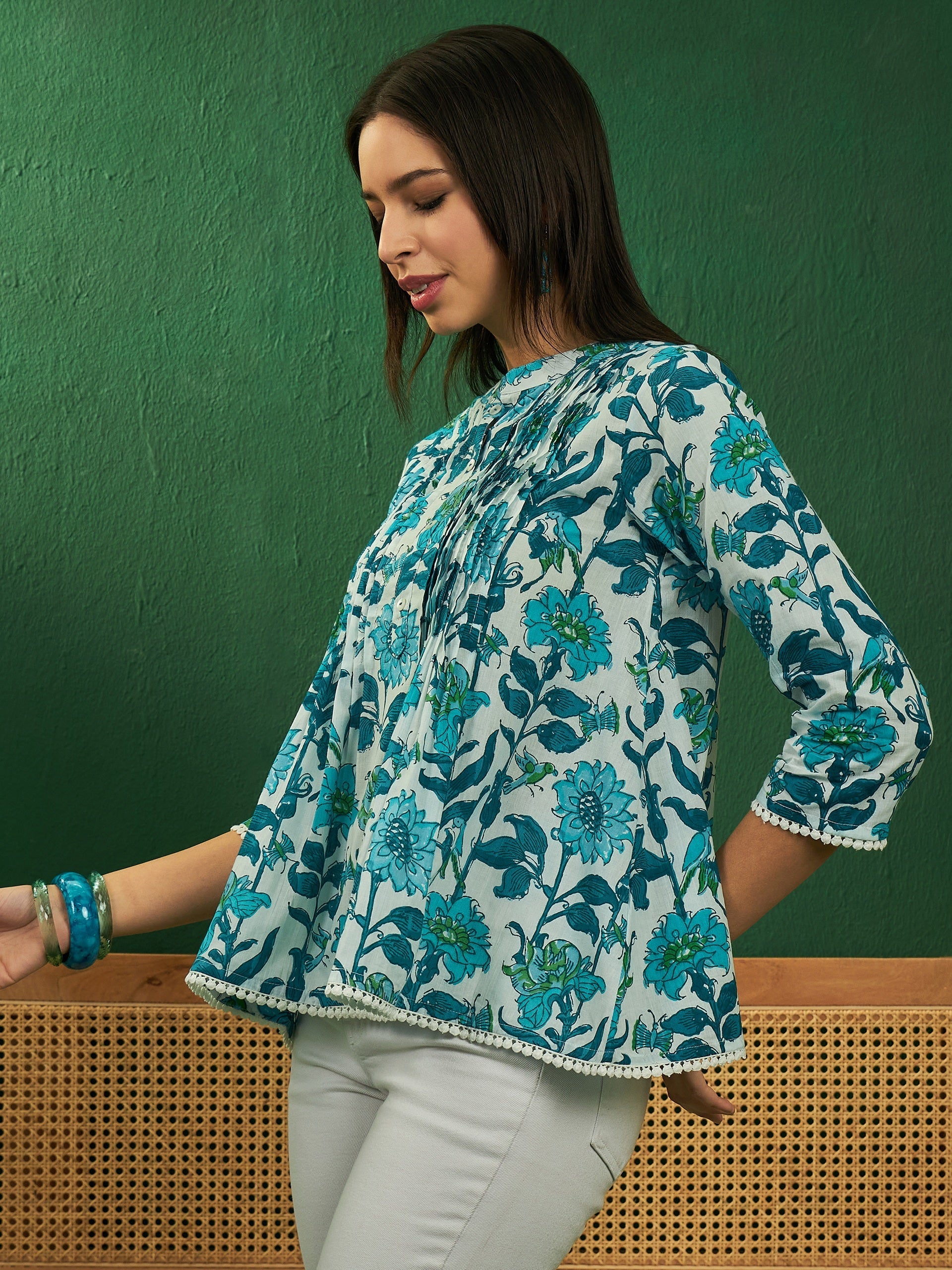 InWeave White Sea Blue Floral Print Front Pintex Lace Top - Swadesiicart