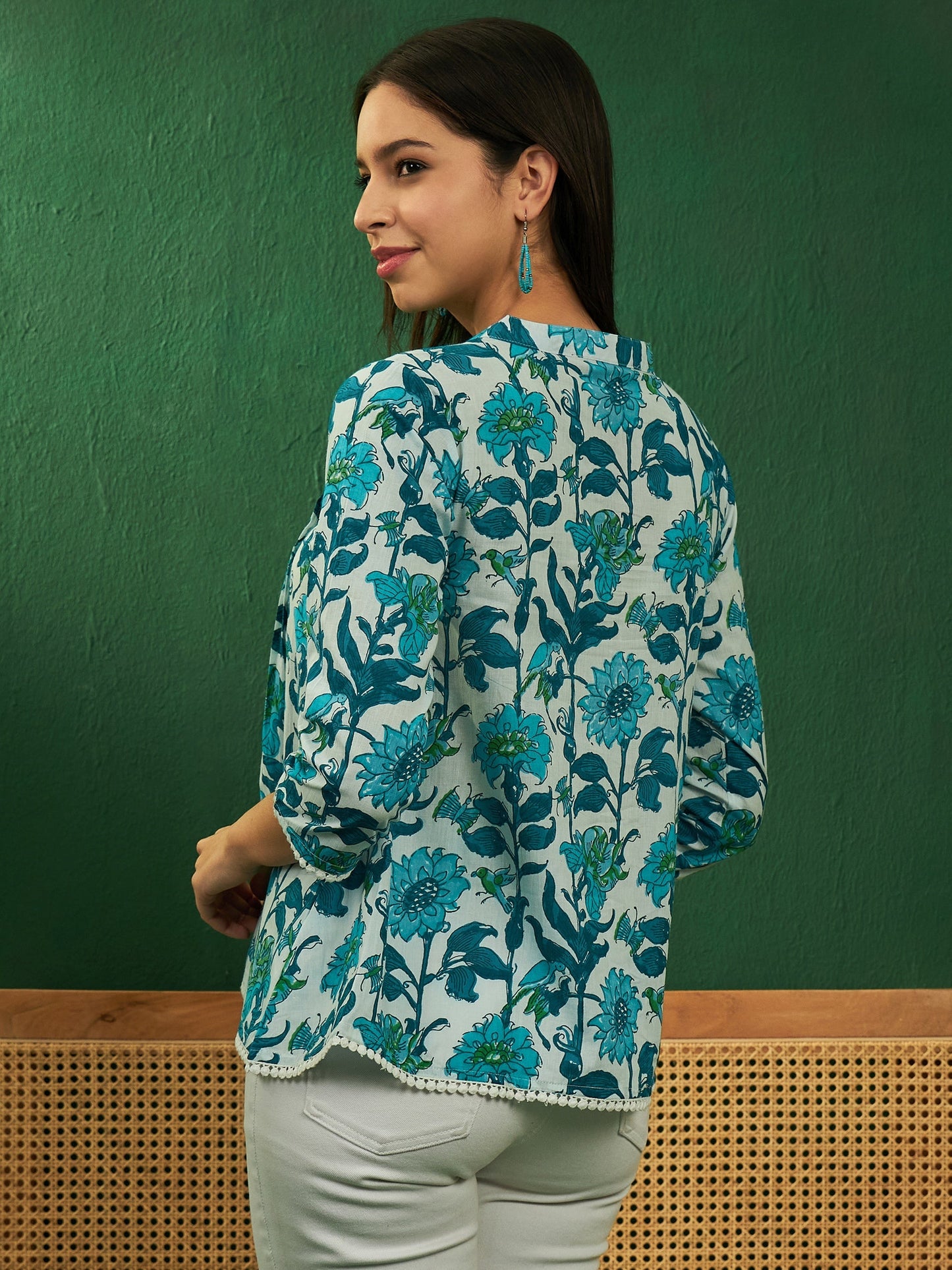 InWeave White Sea Blue Floral Print Front Pintex Lace Top - Swadesiicart