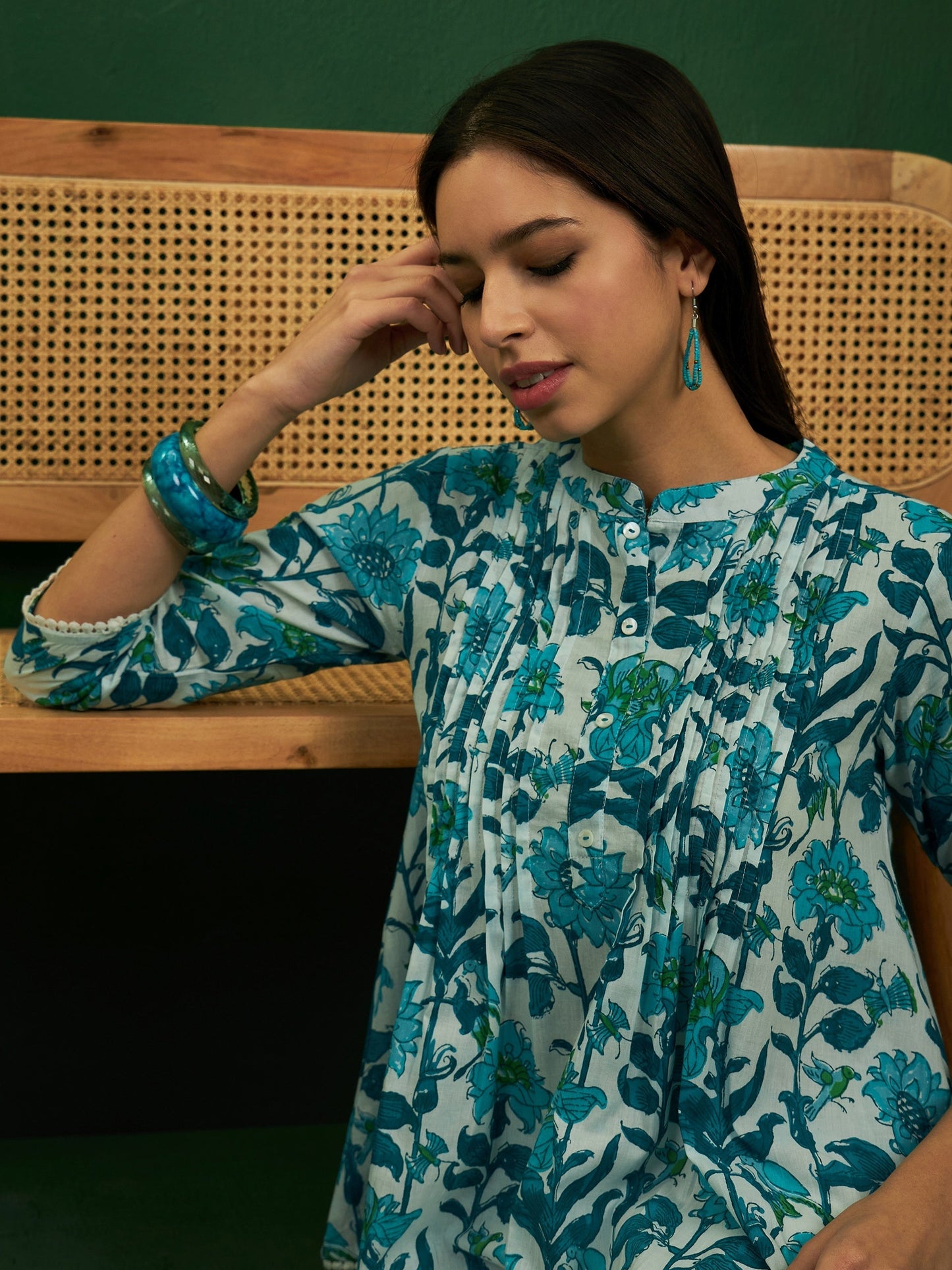 InWeave White Sea Blue Floral Print Front Pintex Lace Top - Swadesiicart