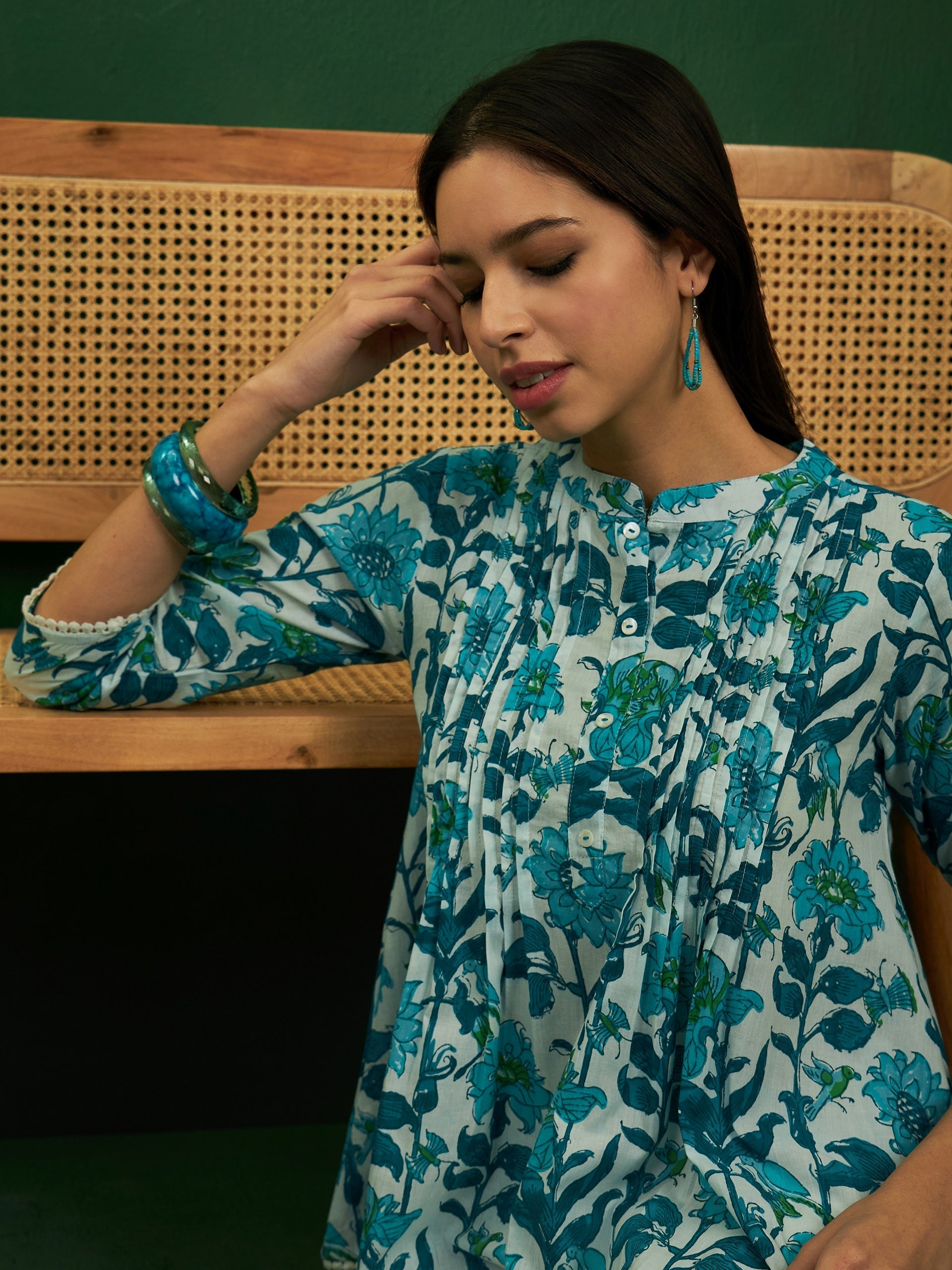 InWeave White Sea Blue Floral Print Front Pintex Lace Top - Swadesiicart