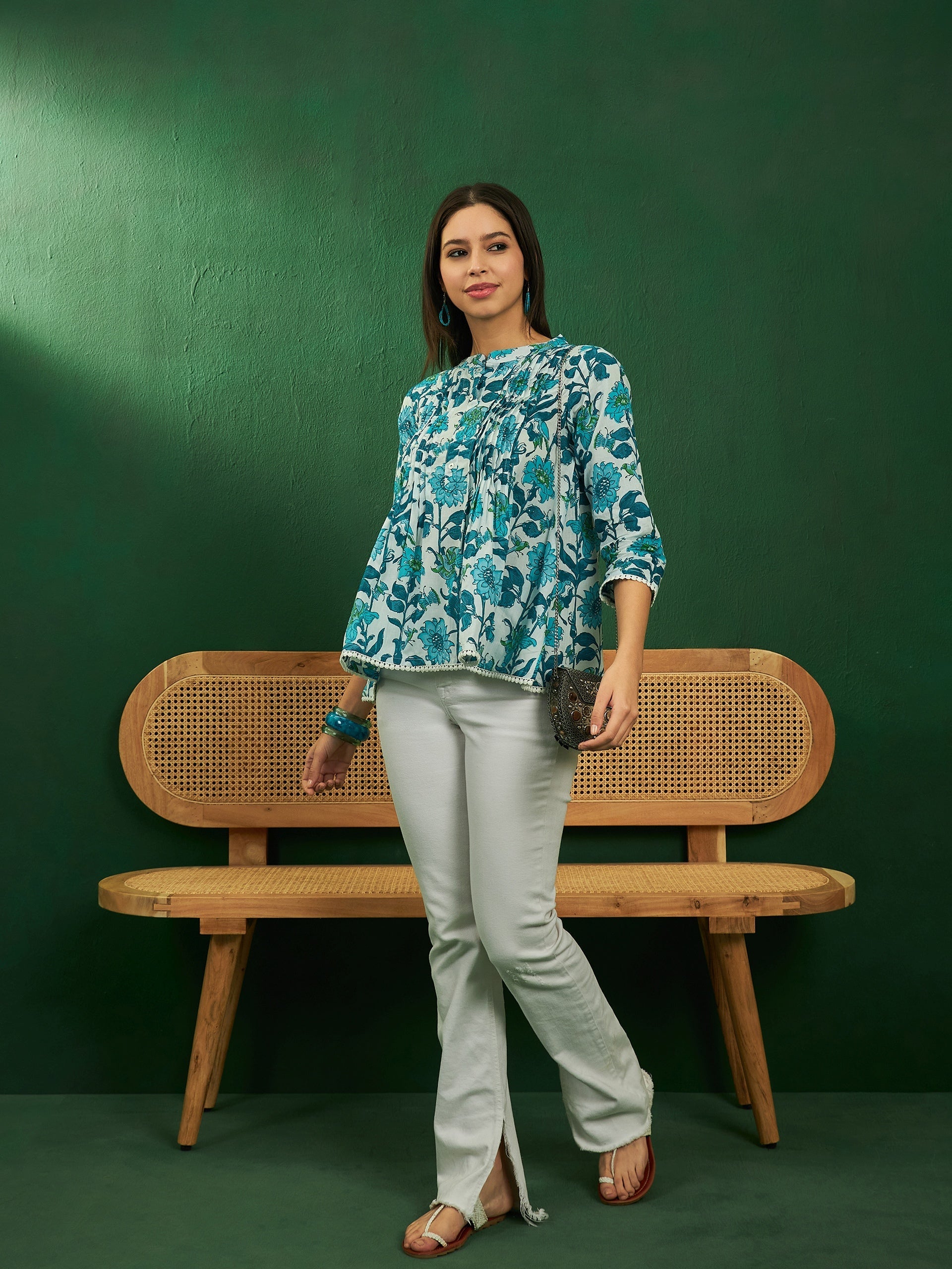 InWeave White Sea Blue Floral Print Front Pintex Lace Top - Swadesiicart
