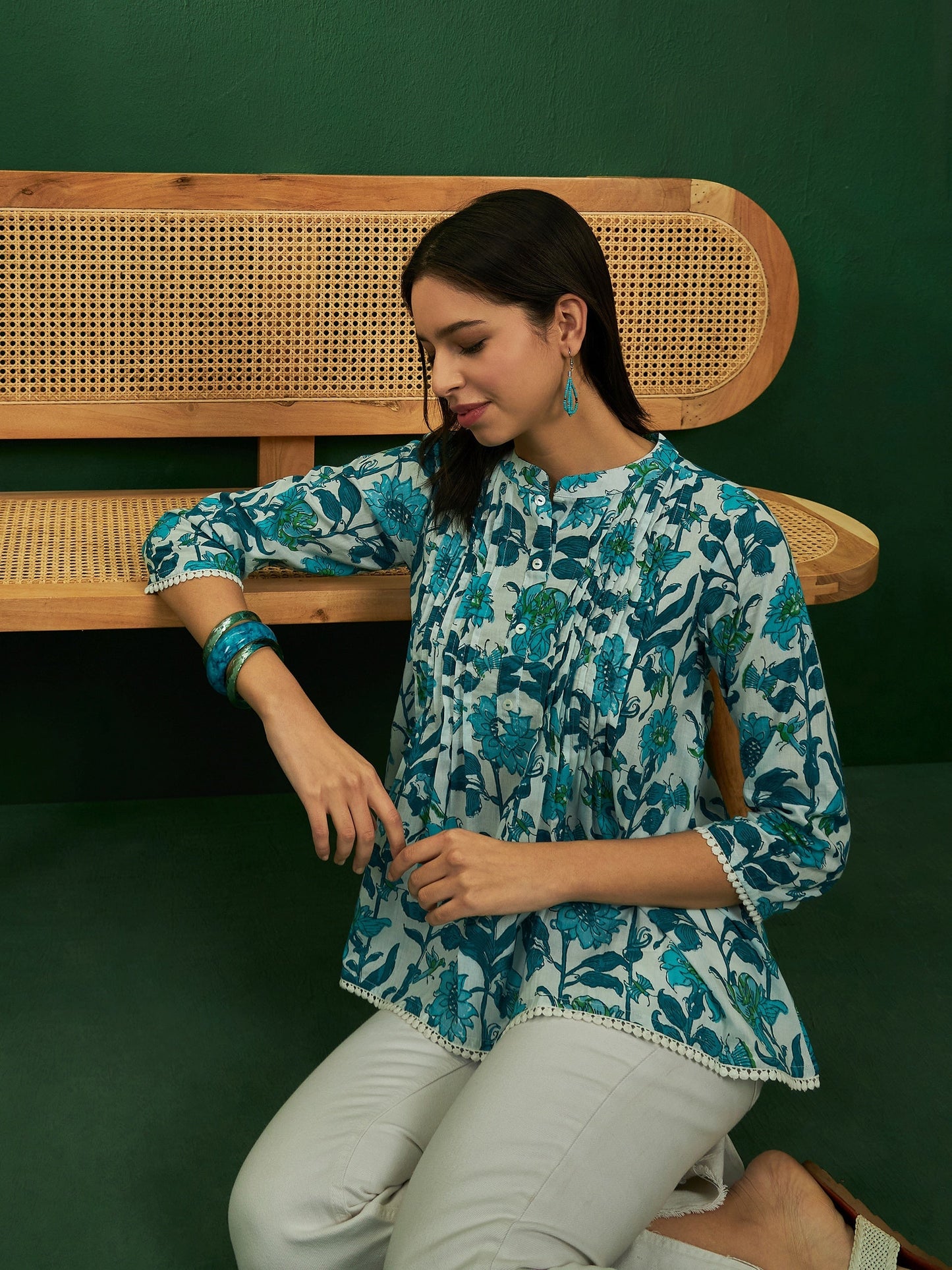 InWeave White Sea Blue Floral Print Front Pintex Lace Top - Swadesiicart