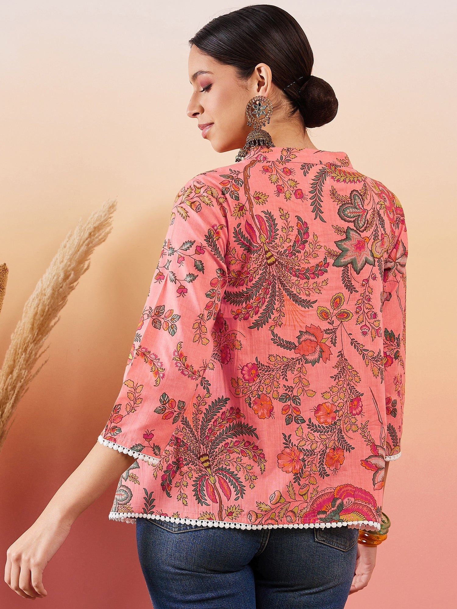 InWeave Peach Floral Print Front Pintex Lace Top - Swadesiicart