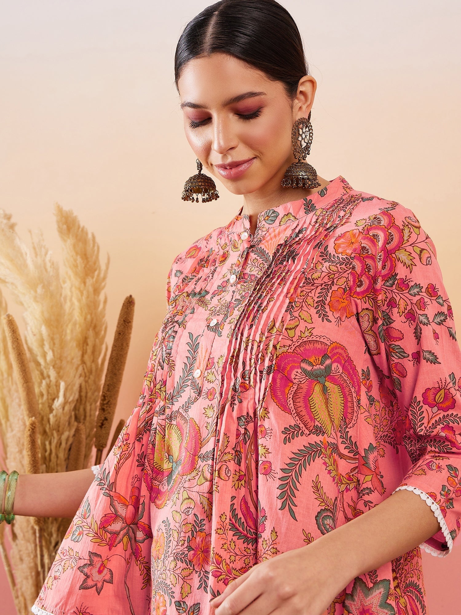 InWeave Peach Floral Print Front Pintex Lace Top - Swadesiicart