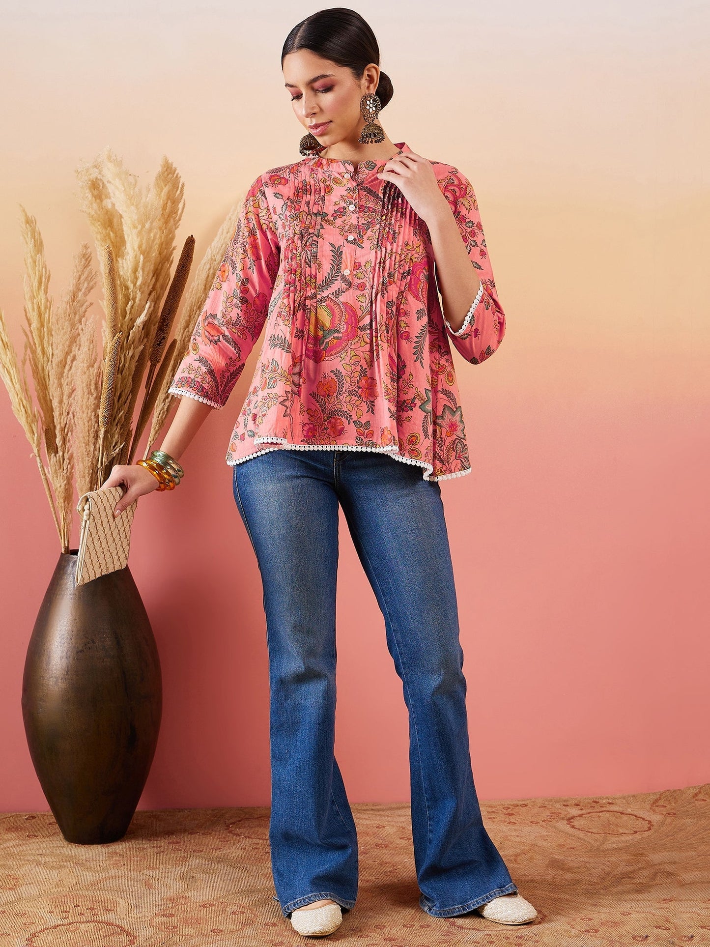 InWeave Peach Floral Print Front Pintex Lace Top - Swadesiicart