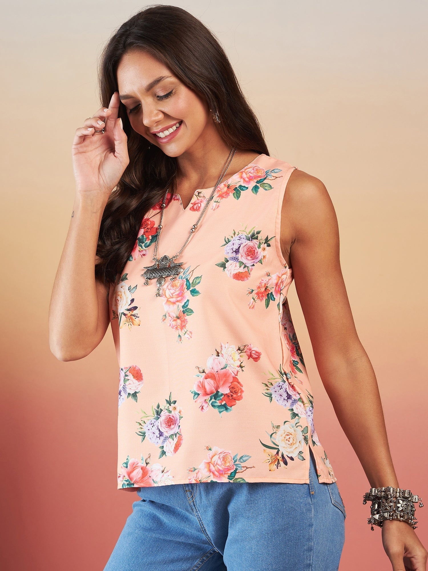 InWeave Peach Rose Print W/S Top - Swadesiicart