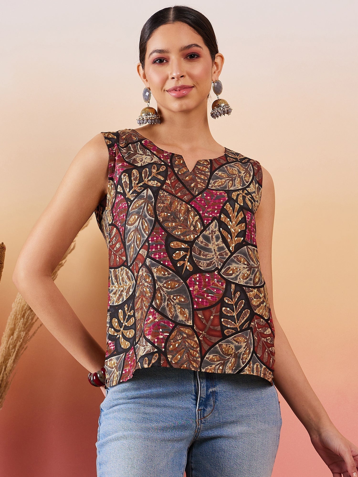 InWeave Black Grey Leaf Print Foil W/S Top - Swadesiicart