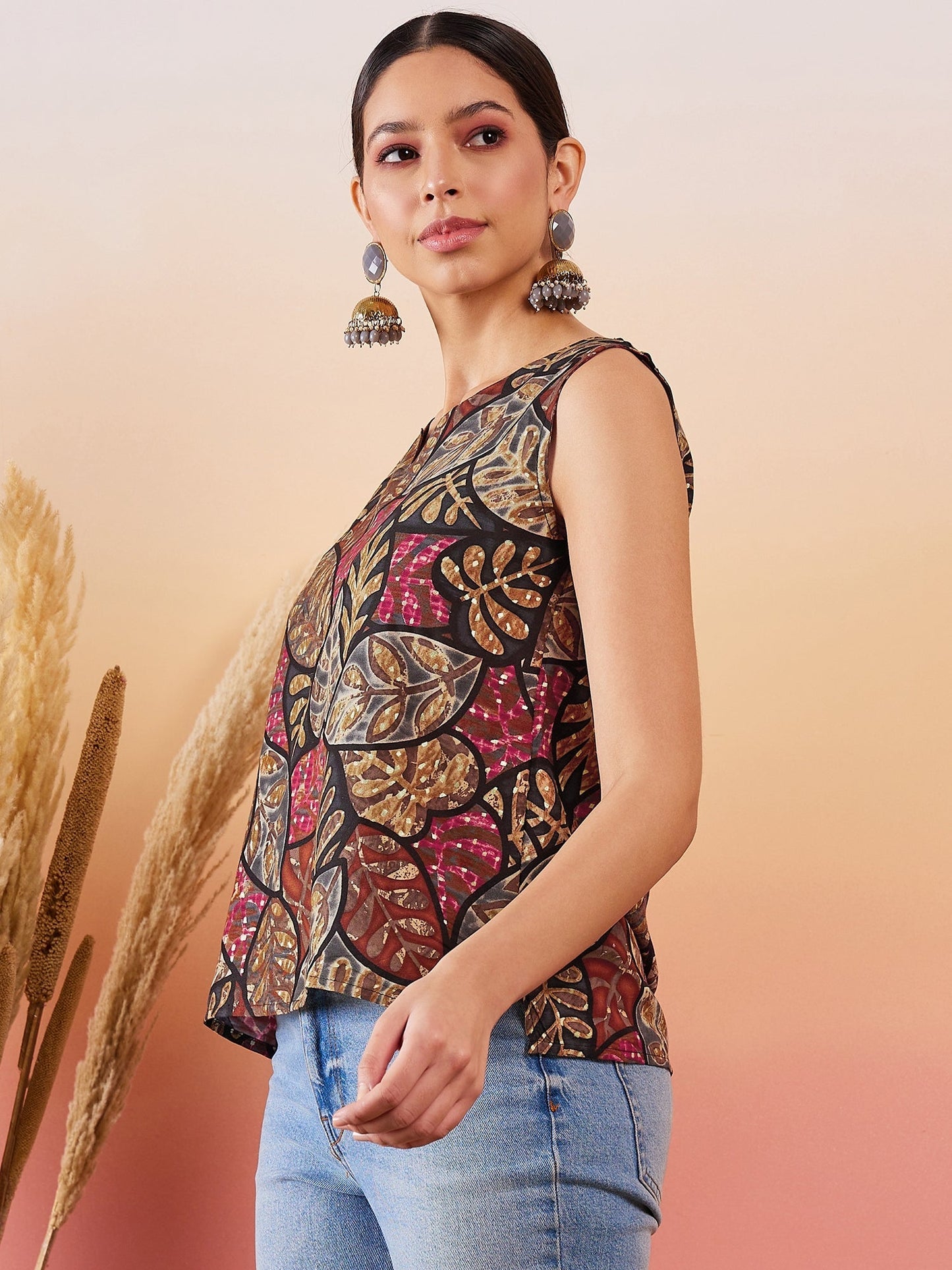 InWeave Black Grey Leaf Print Foil W/S Top - Swadesiicart