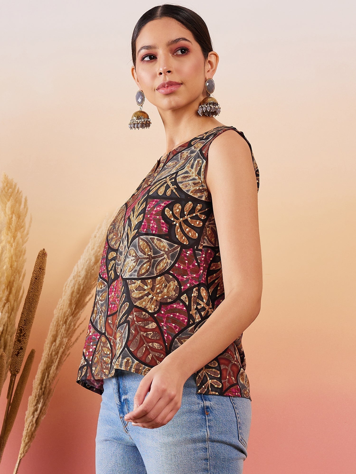 InWeave Black Grey Leaf Print Foil W/S Top - Swadesiicart