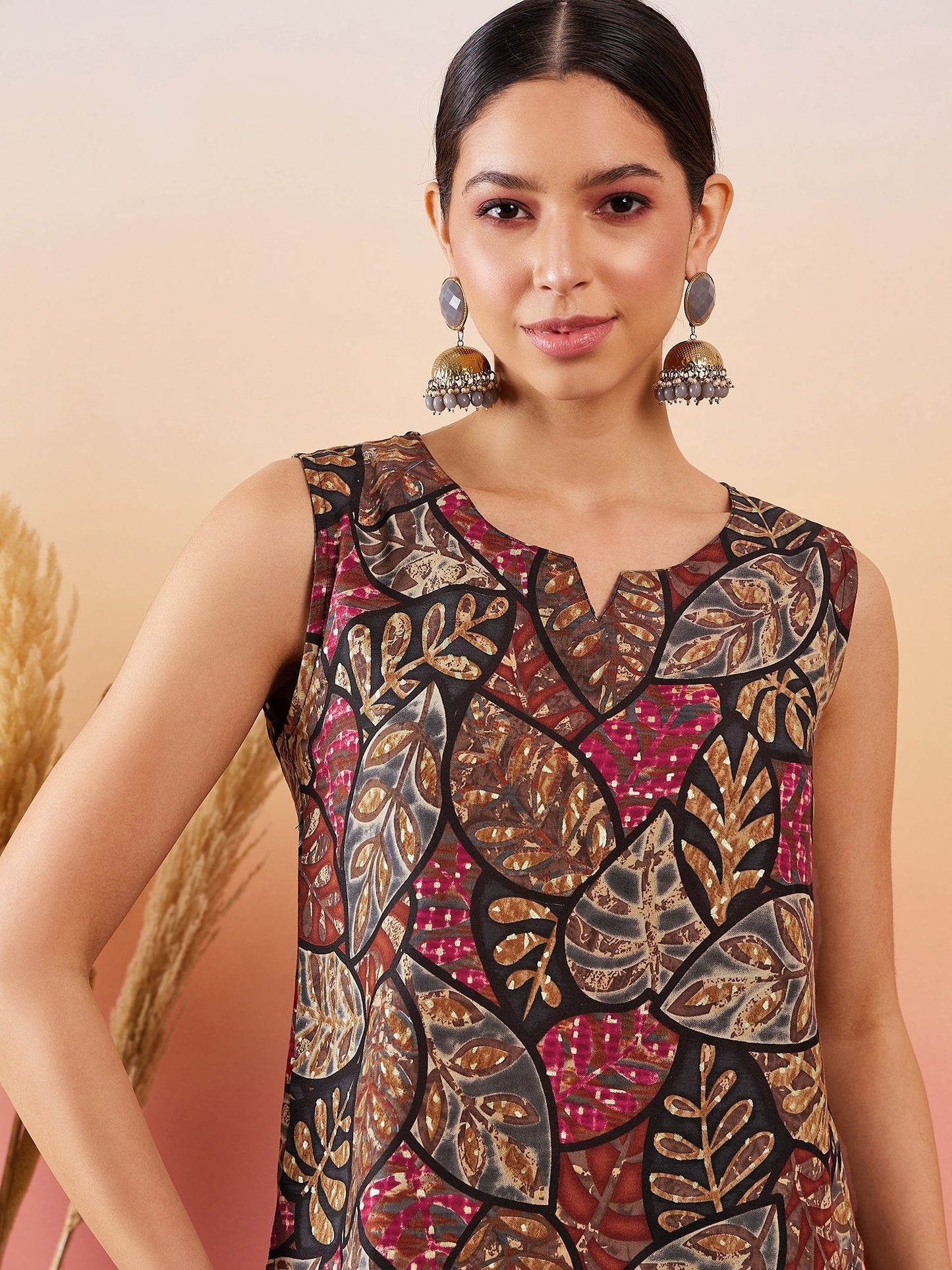 InWeave Black Grey Leaf Print Foil W/S Top - Swadesiicart