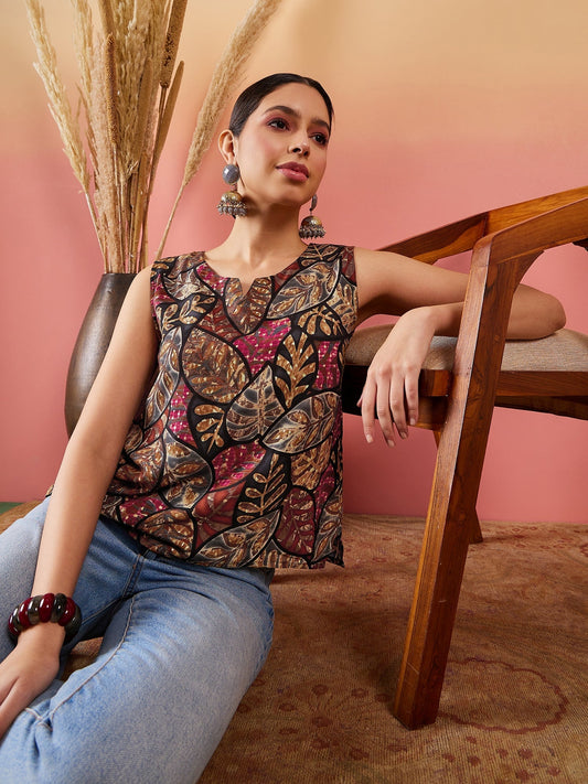InWeave Black Grey Leaf Print Foil W/S Top - Swadesiicart
