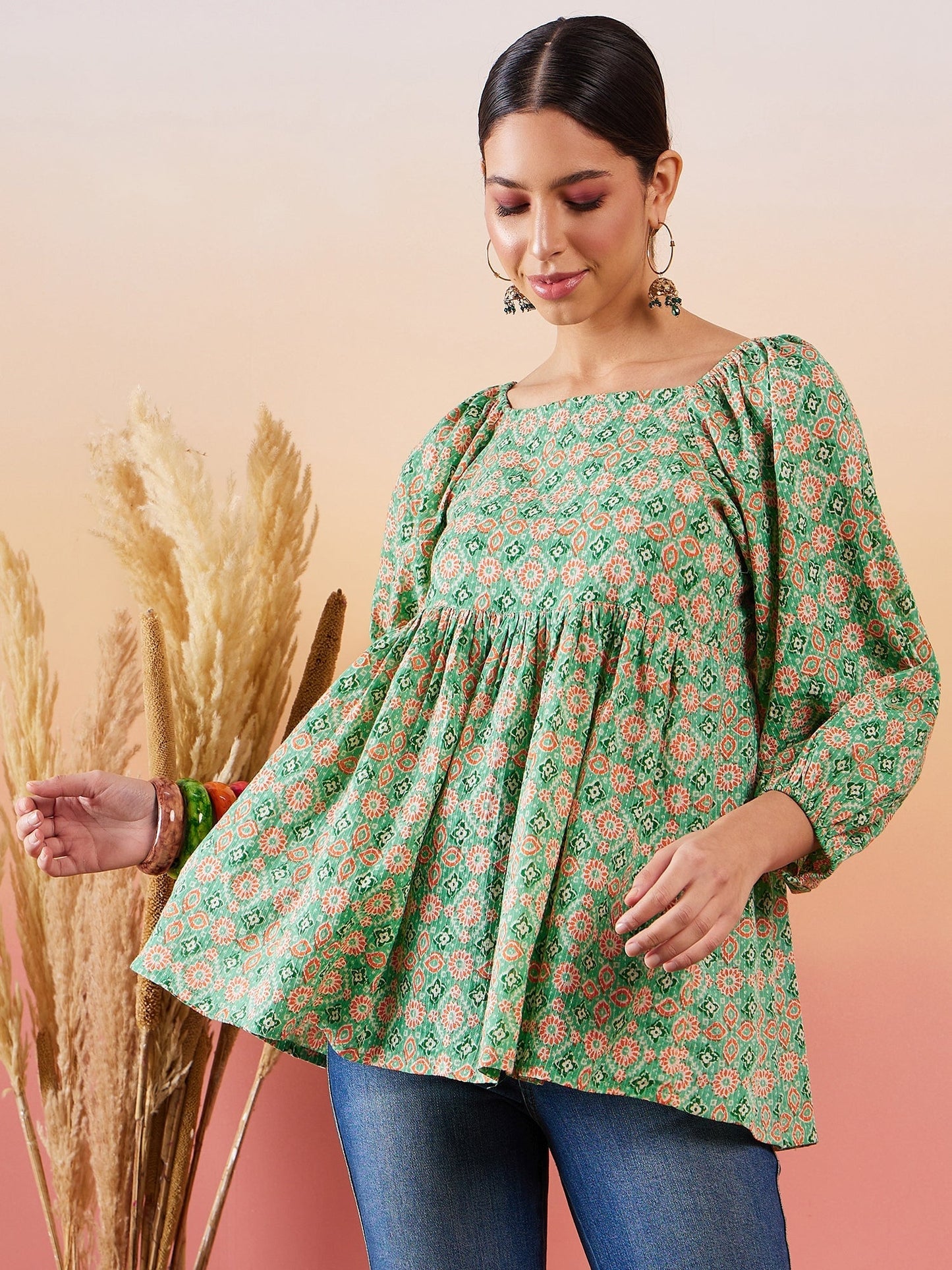 InWeave Cool Green Kantha Print Cold Shoulder Top - Swadesiicart