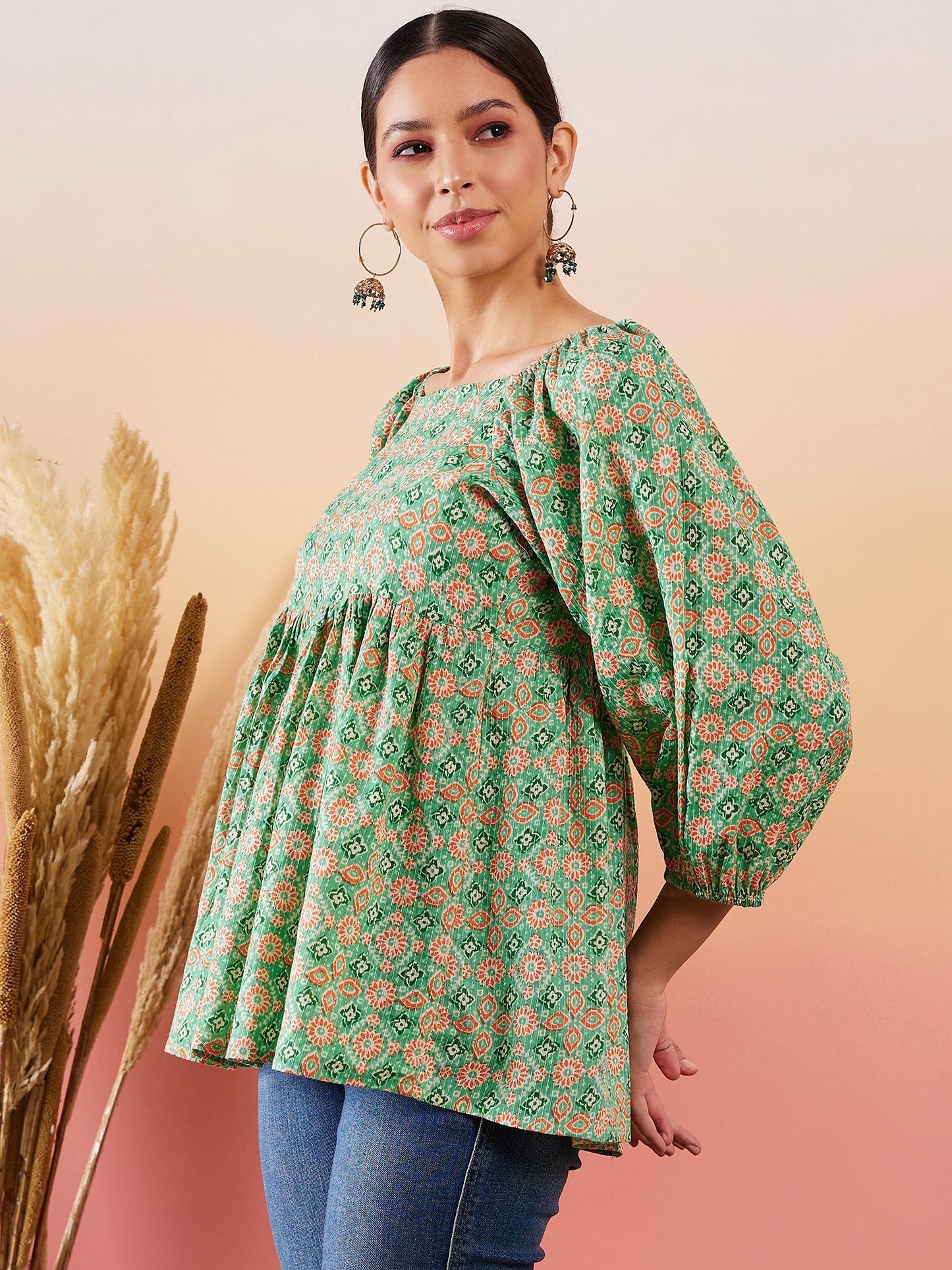 InWeave Cool Green Kantha Print Cold Shoulder Top - Swadesiicart