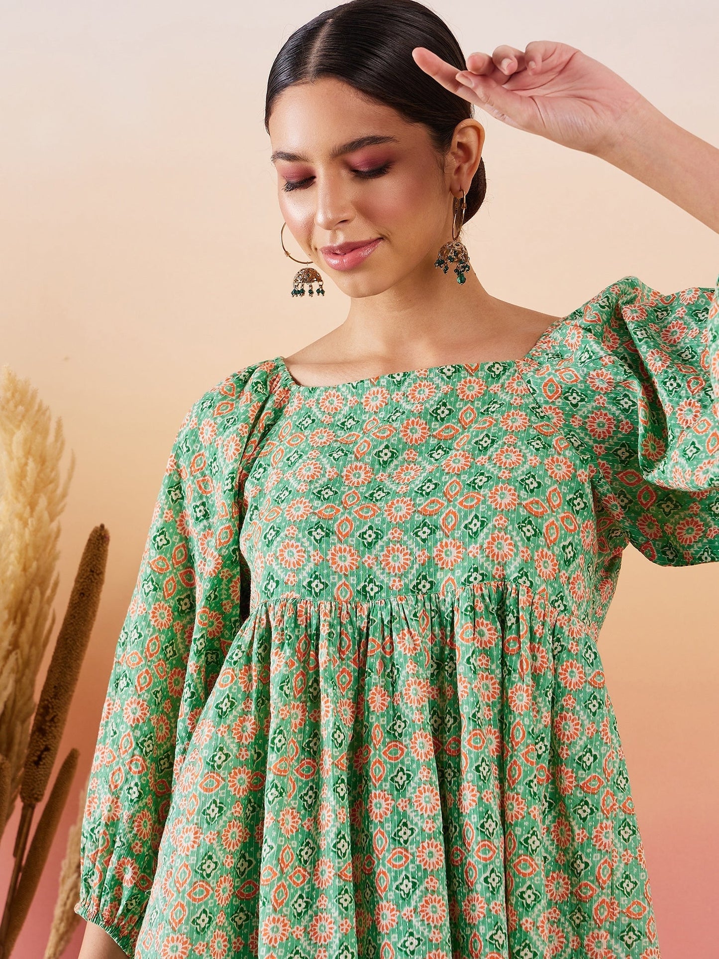 InWeave Cool Green Kantha Print Cold Shoulder Top - Swadesiicart