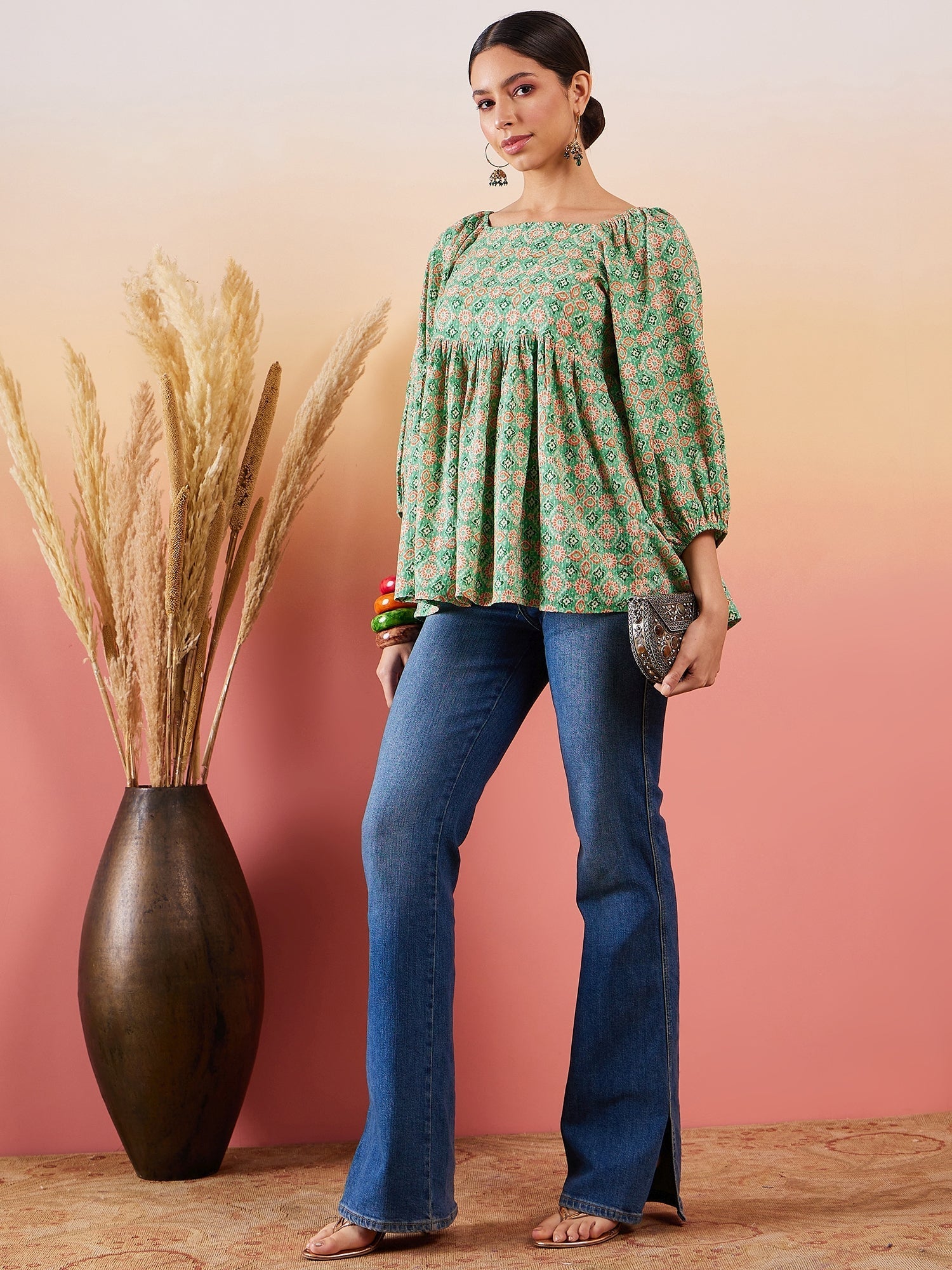 InWeave Cool Green Kantha Print Cold Shoulder Top - Swadesiicart