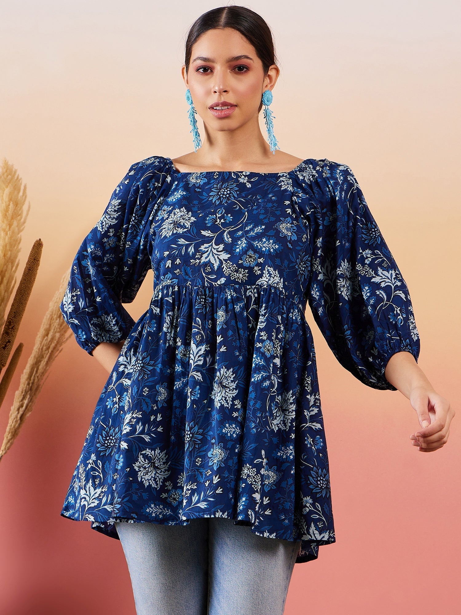 InWeave Indigo Floral Print Cold Shoulder Top - Swadesiicart