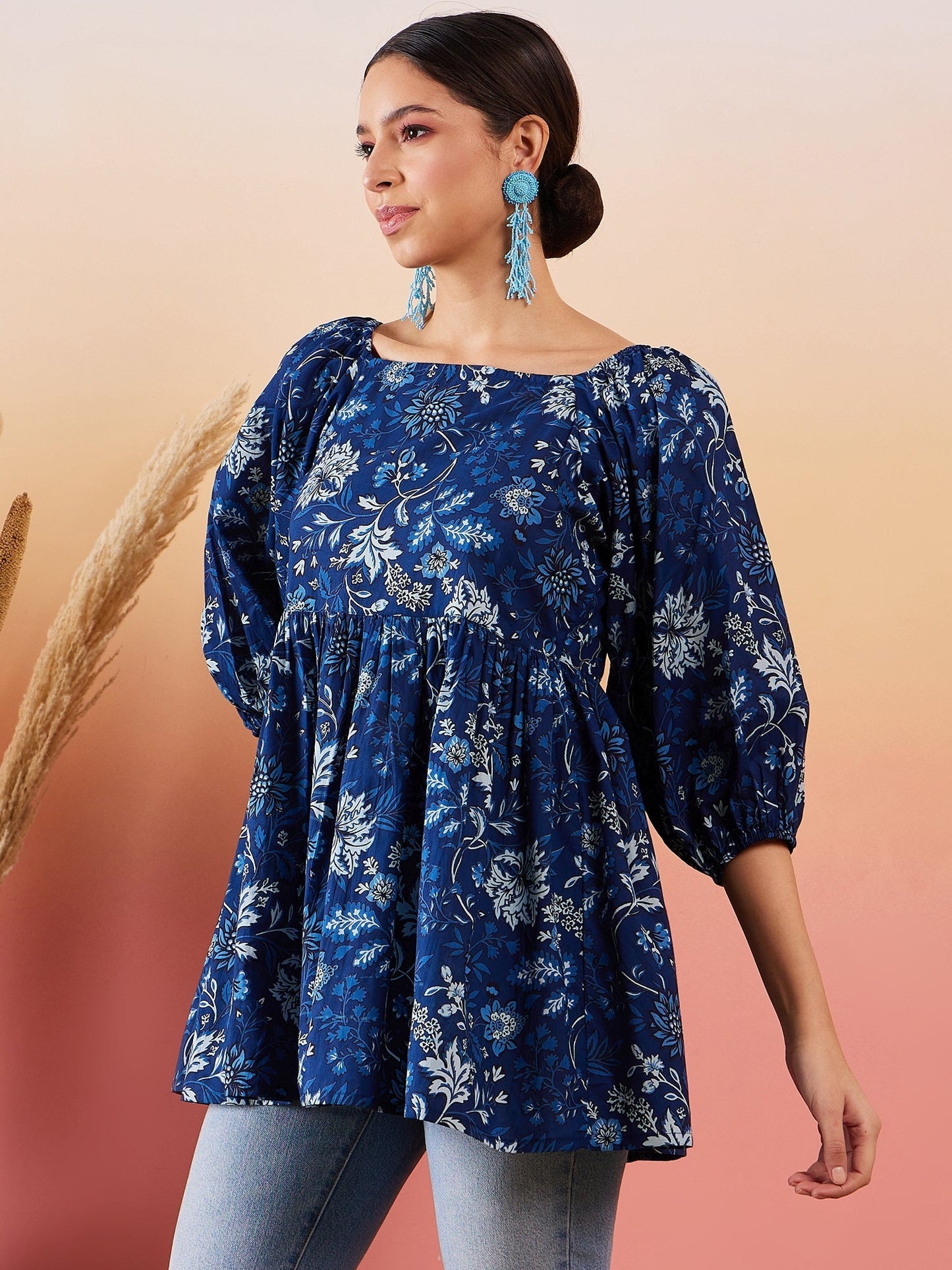 InWeave Indigo Floral Print Cold Shoulder Top - Swadesiicart