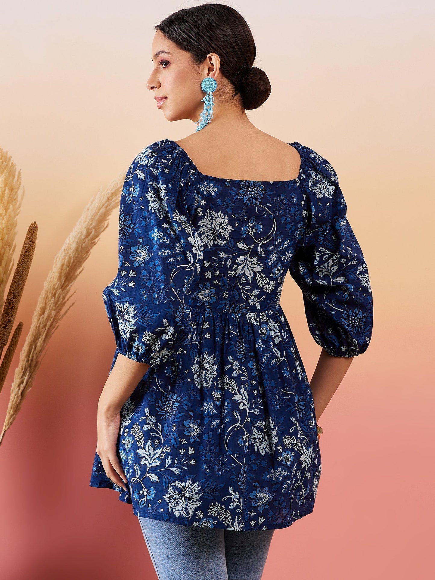 InWeave Indigo Floral Print Cold Shoulder Top - Swadesiicart