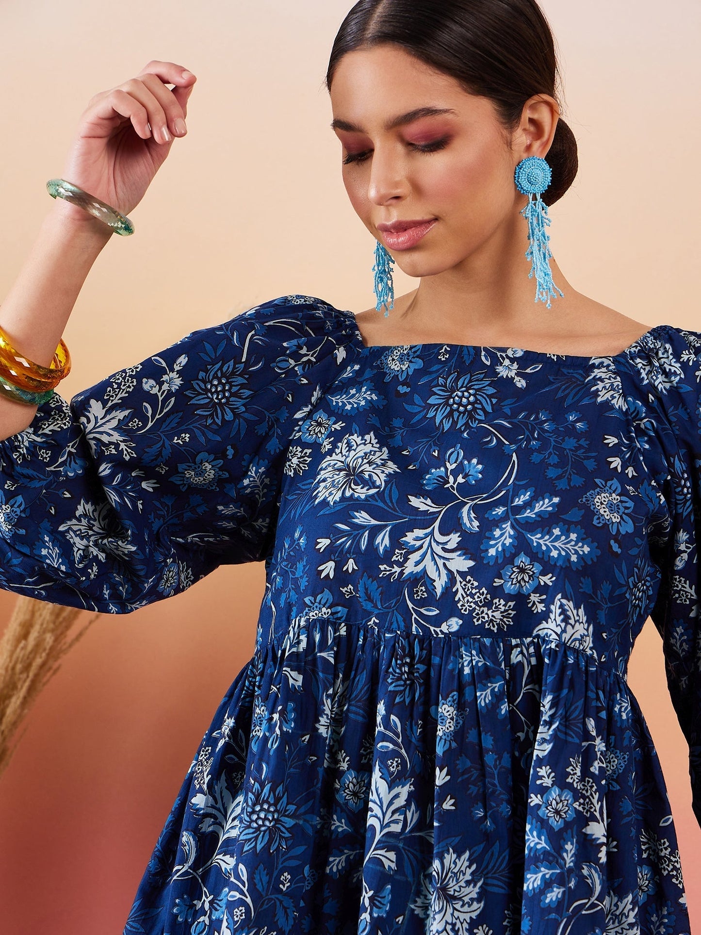 InWeave Indigo Floral Print Cold Shoulder Top - Swadesiicart