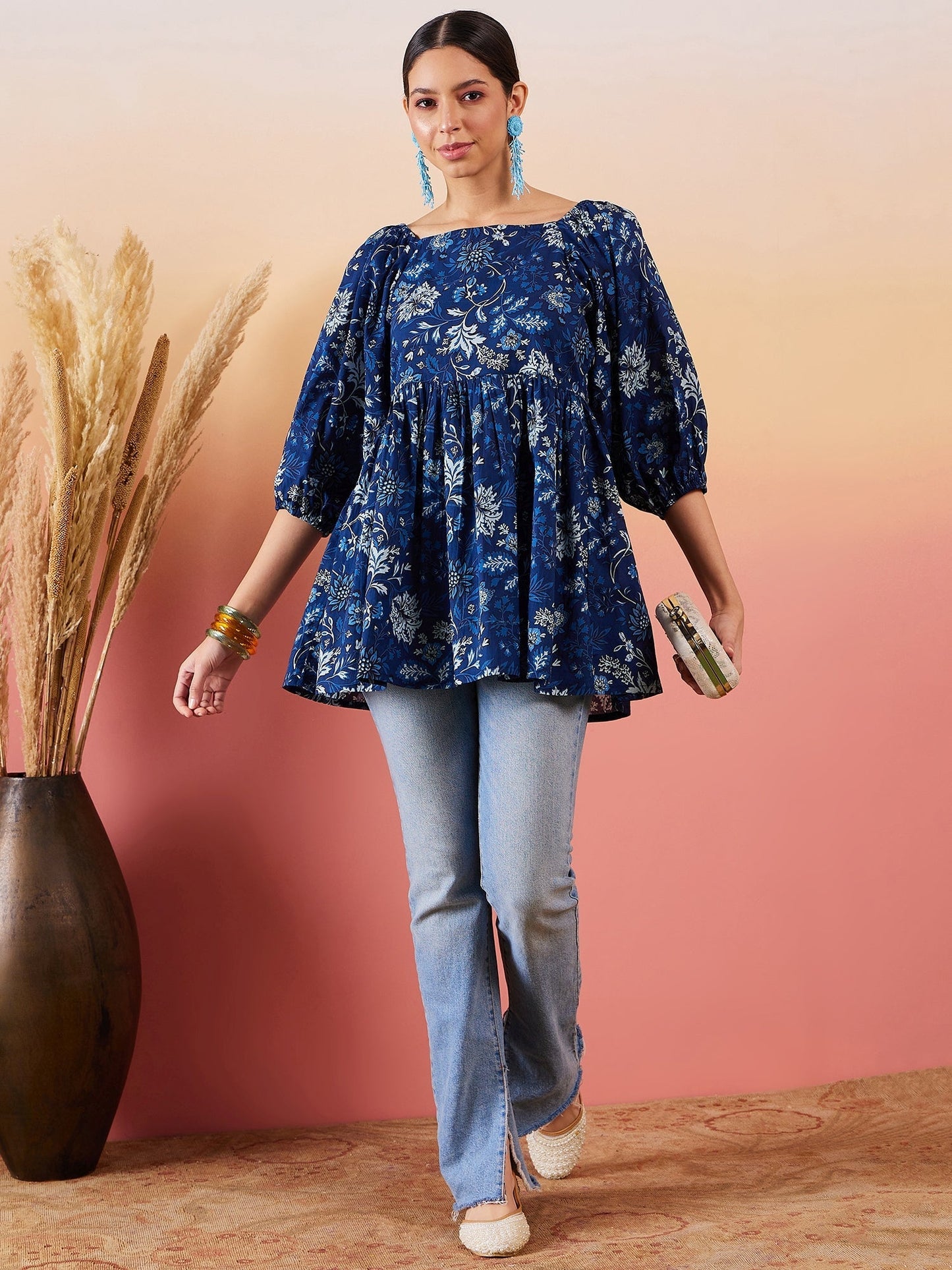 InWeave Indigo Floral Print Cold Shoulder Top - Swadesiicart