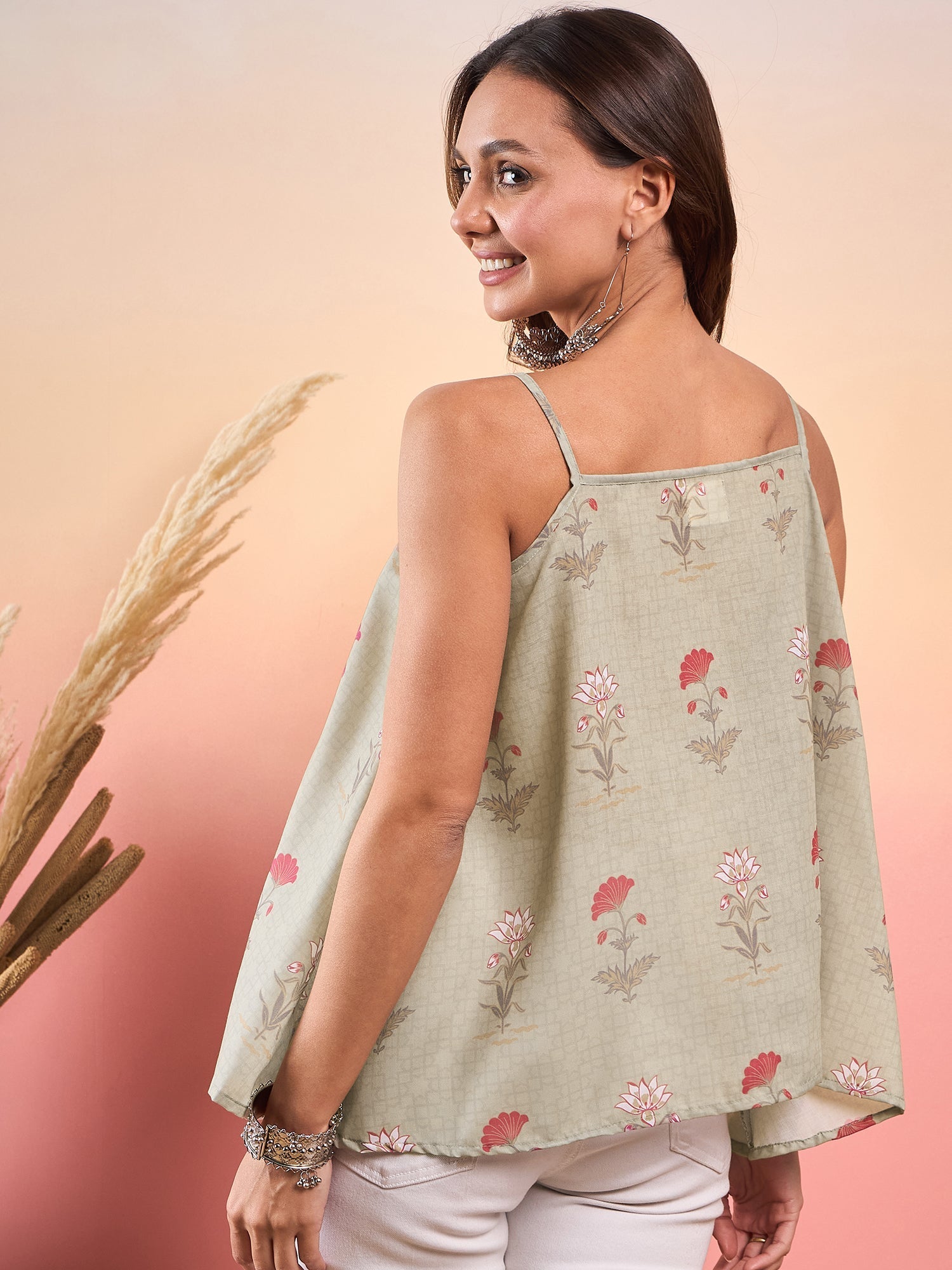 InWeave Tea Green Floral Strappe Flare Top - Swadesiicart