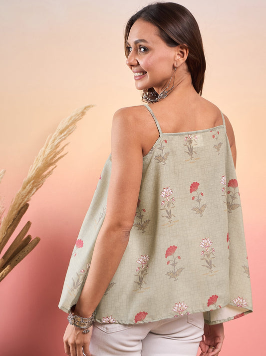 InWeave Tea Green Floral Strappe Flare Top - Swadesiicart