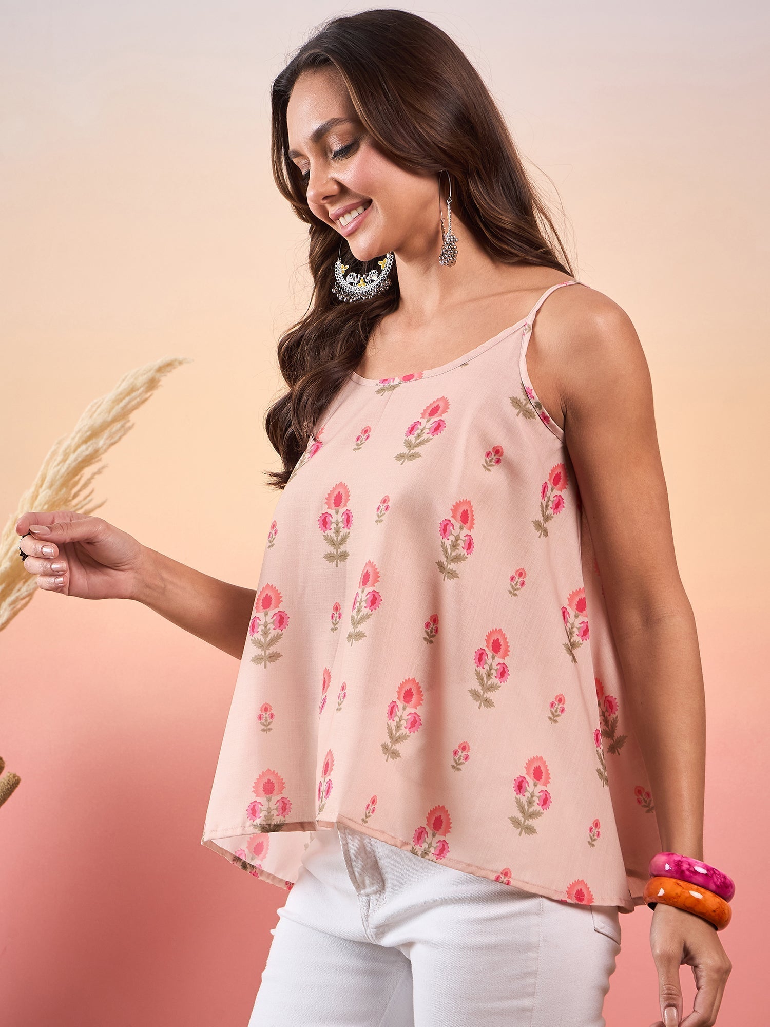 InWeave Light Peach Floral Strappe Flare Top - Swadesiicart