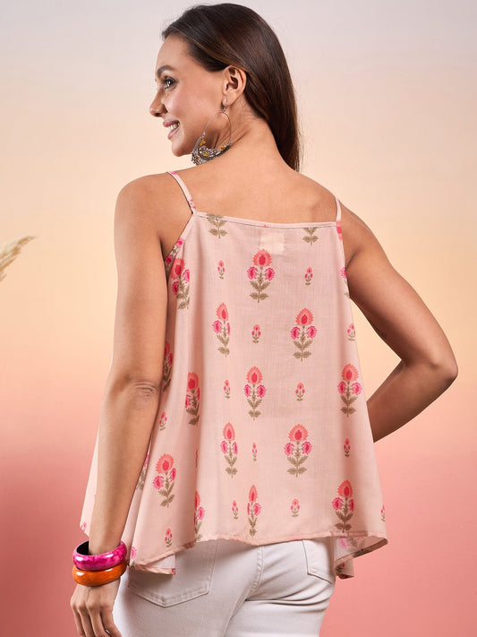 InWeave Light Peach Floral Strappe Flare Top - Swadesiicart