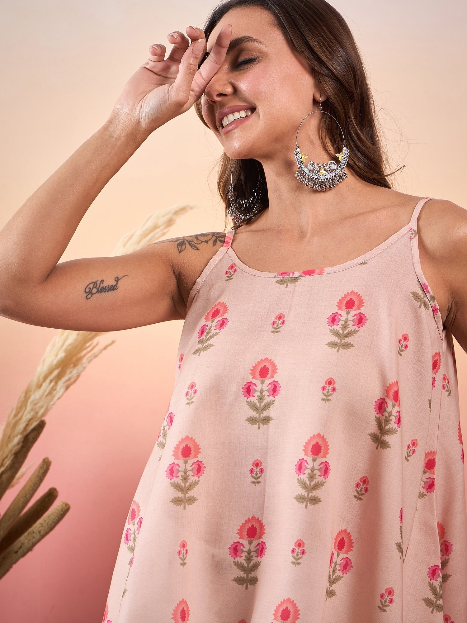 InWeave Light Peach Floral Strappe Flare Top - Swadesiicart