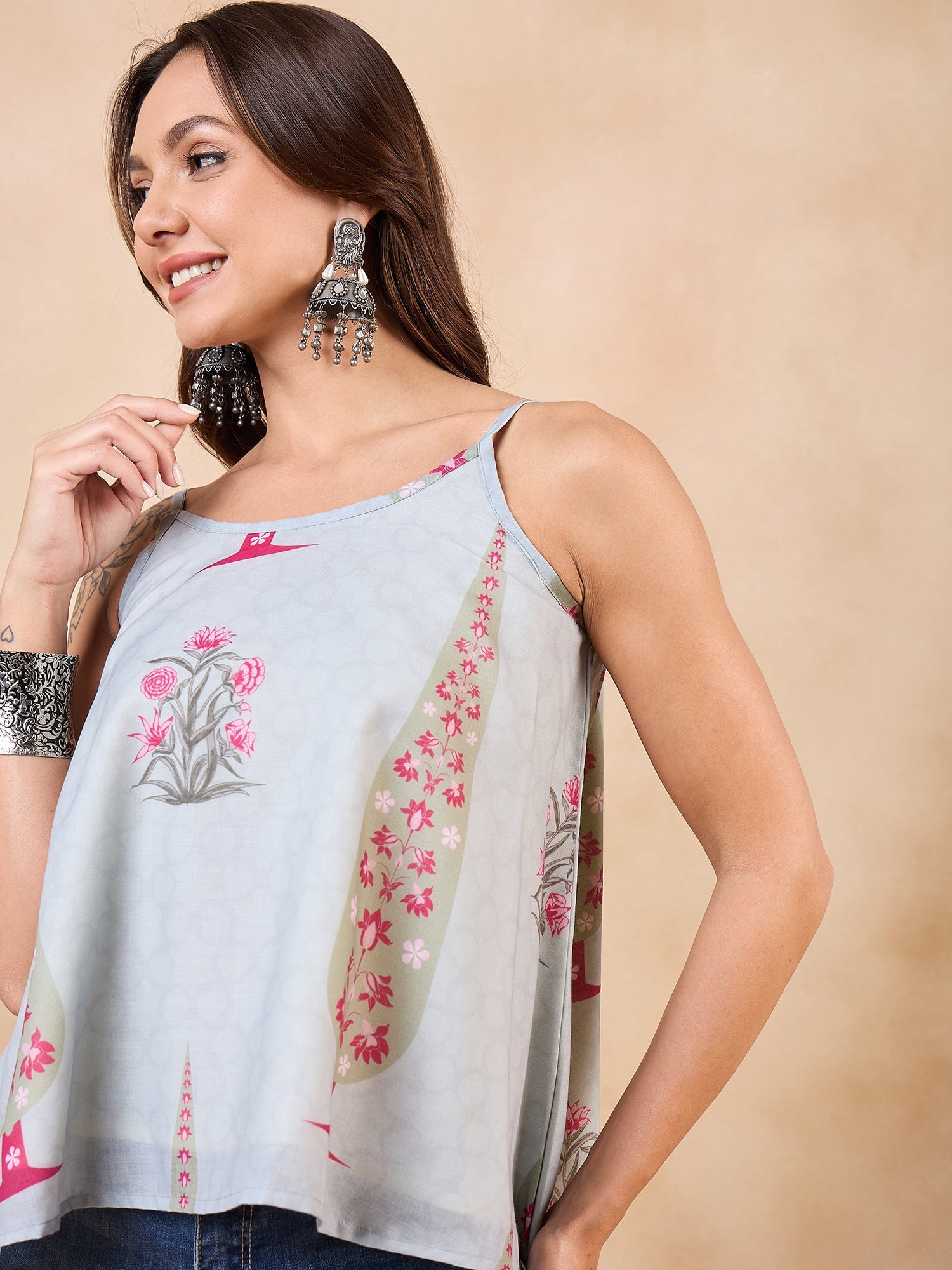 InWeave Stone Green Big Leaf Magenta Strappe Flare Top - Swadesiicart