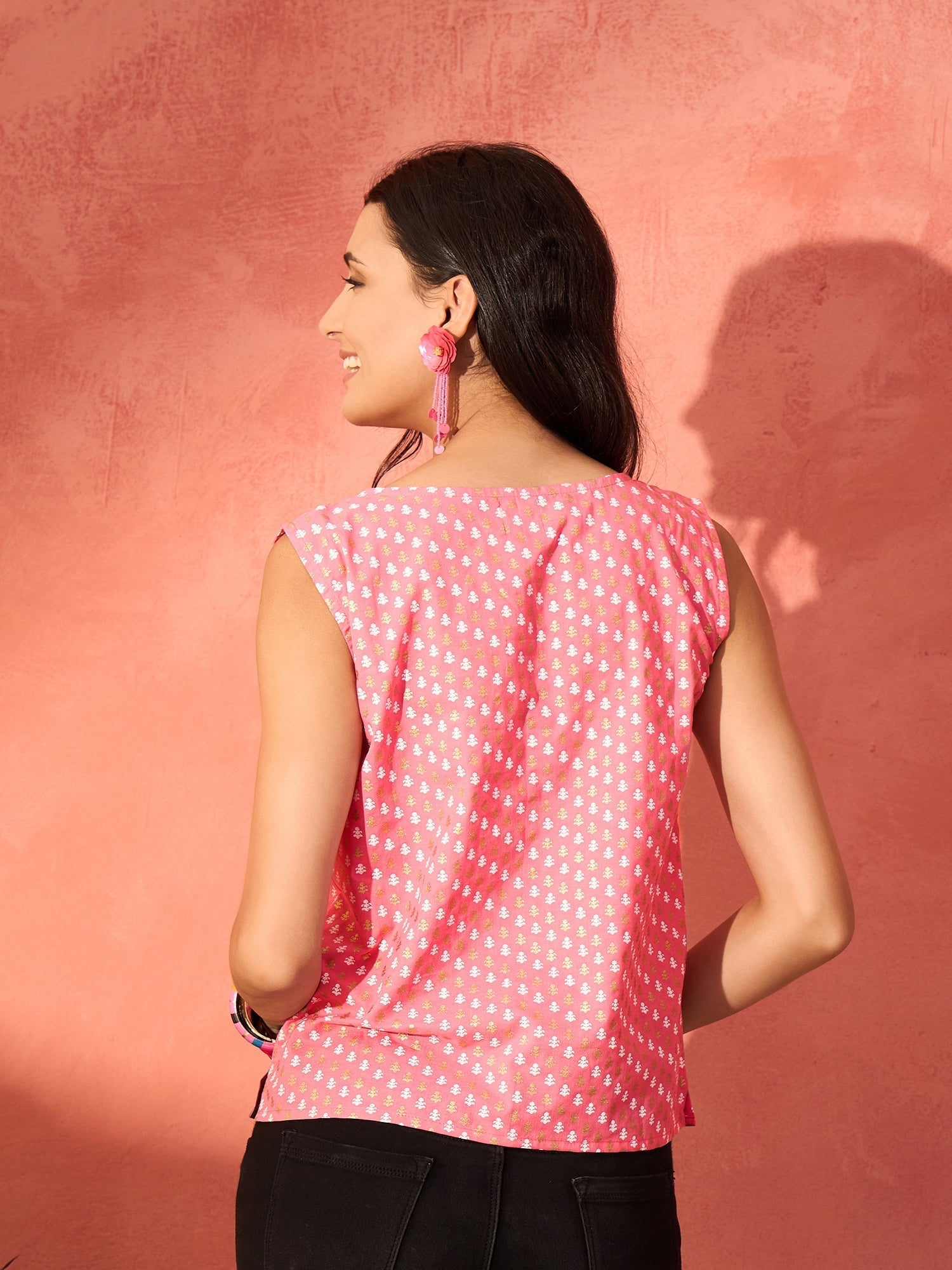 InWeave Pink White Gold Dot Print W/S Top - Swadesiicart