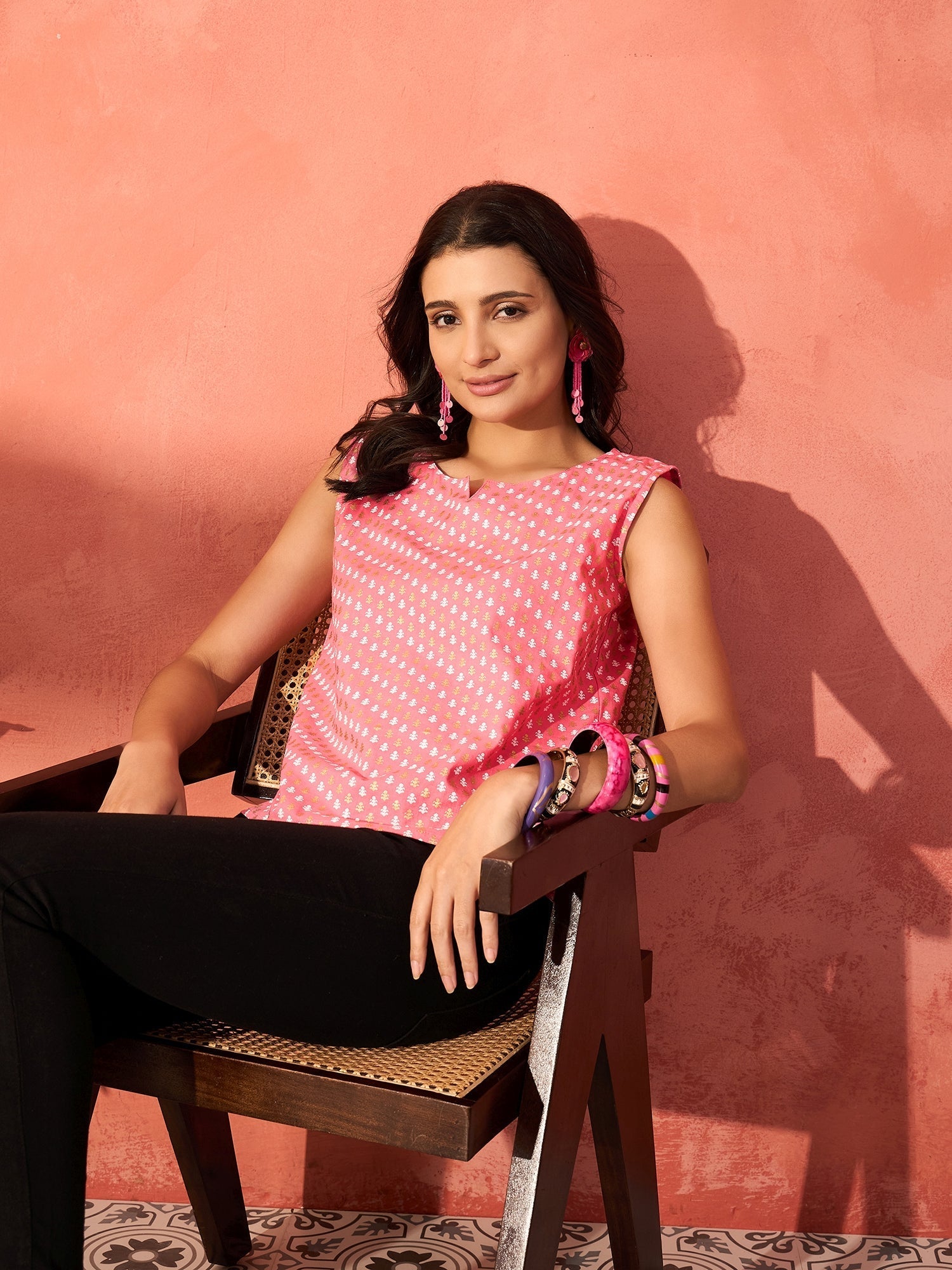 InWeave Pink White Gold Dot Print W/S Top - Swadesiicart