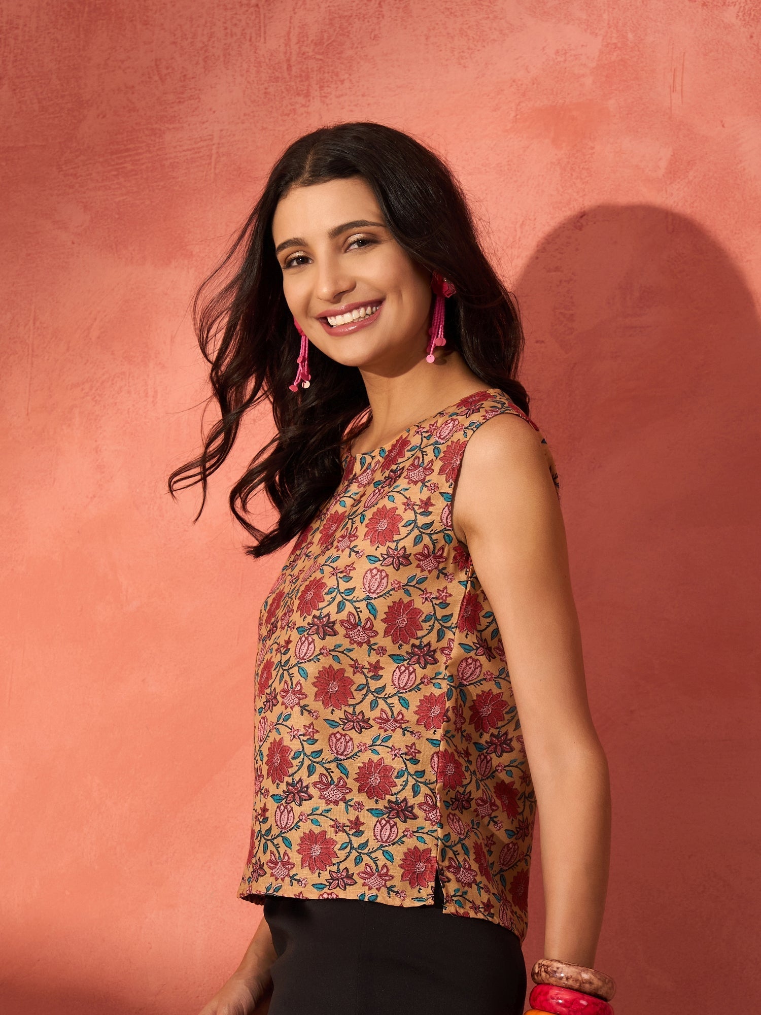 InWeave Mustard Orange Floral Jaal Print W/S Top - Swadesiicart