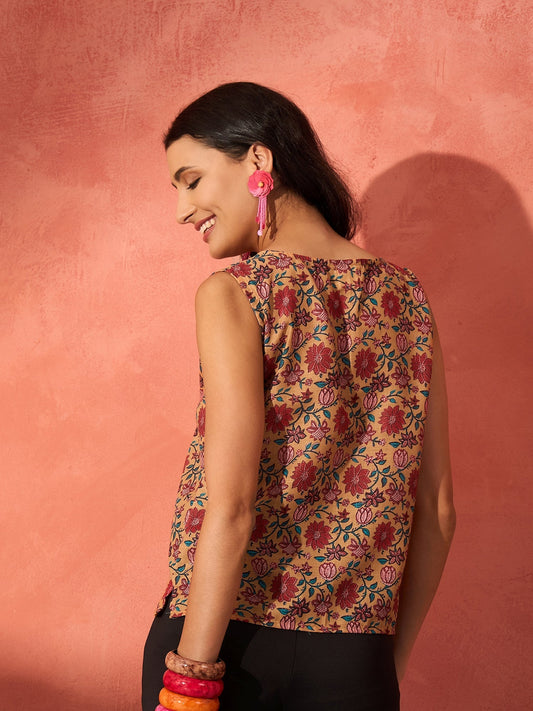 InWeave Mustard Orange Floral Jaal Print W/S Top - Swadesiicart