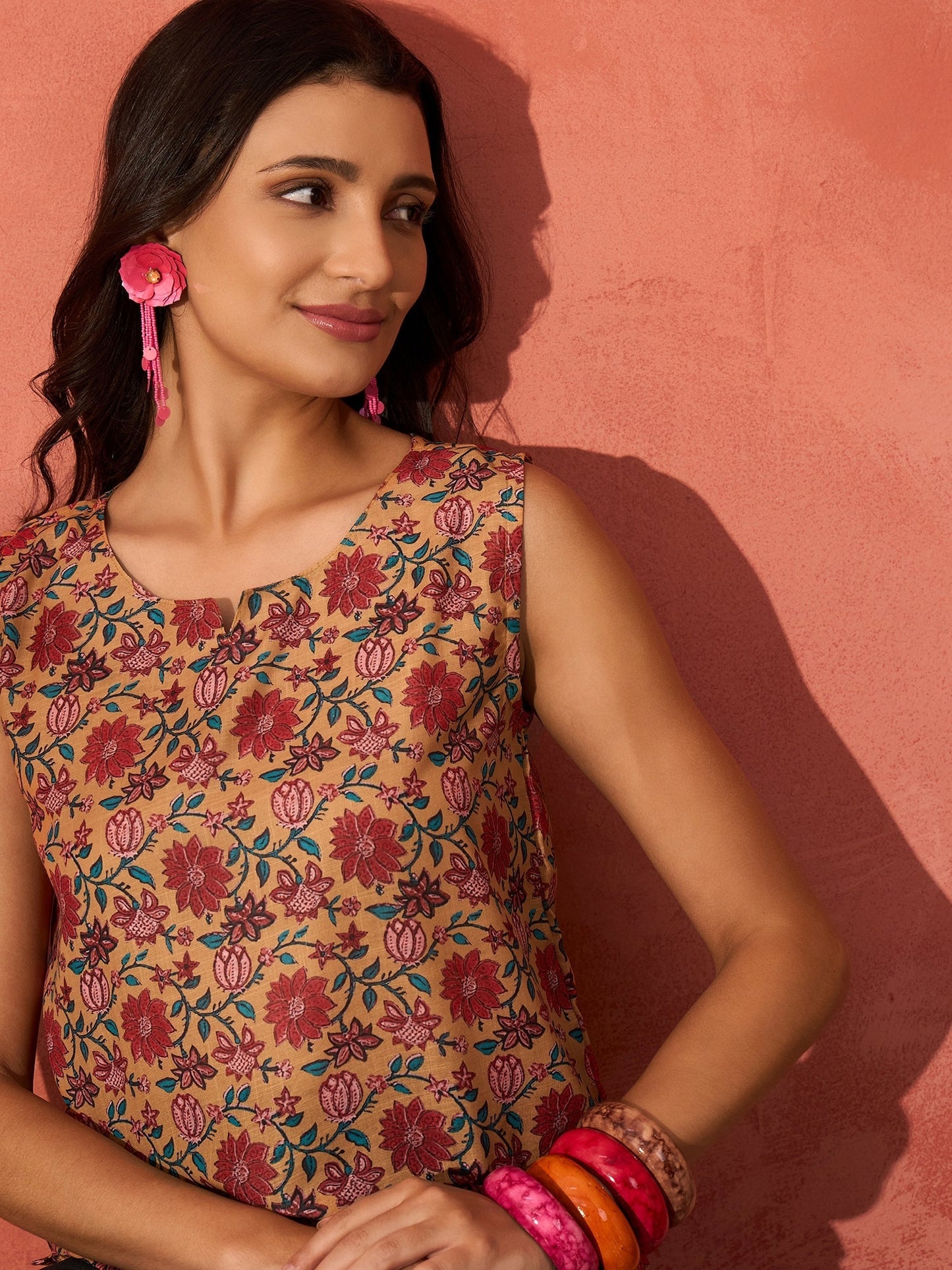 InWeave Mustard Orange Floral Jaal Print W/S Top - Swadesiicart