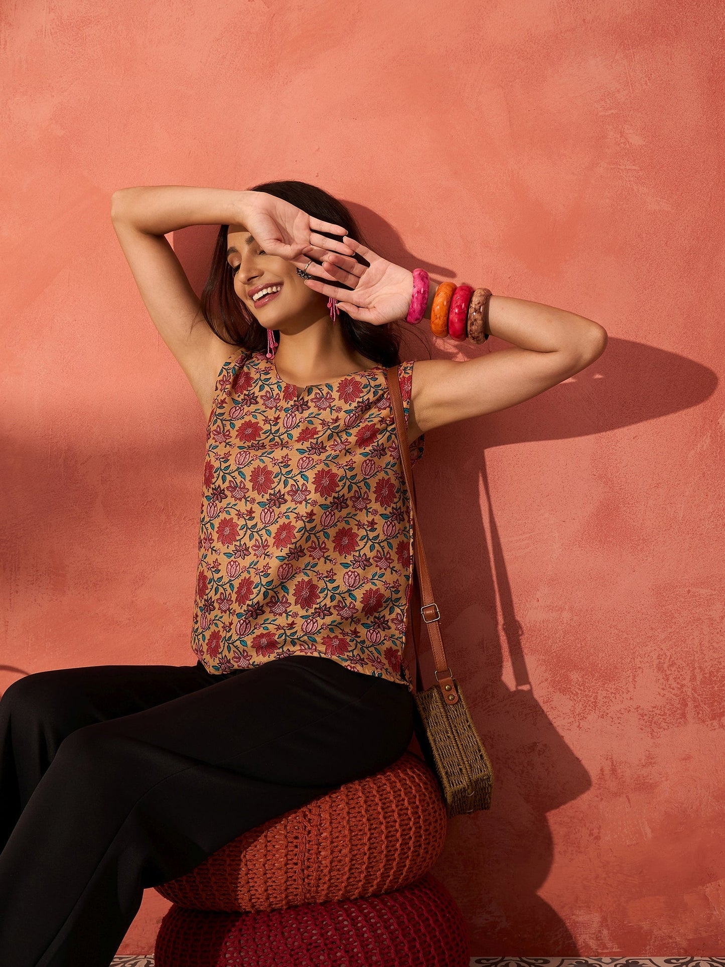 InWeave Mustard Orange Floral Jaal Print W/S Top - Swadesiicart