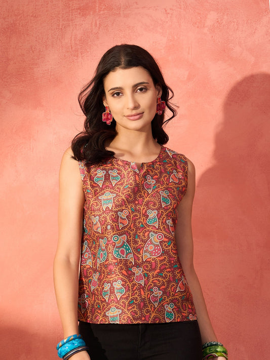 InWeave Rust Bird Jaal Print W/S Top - Swadesiicart
