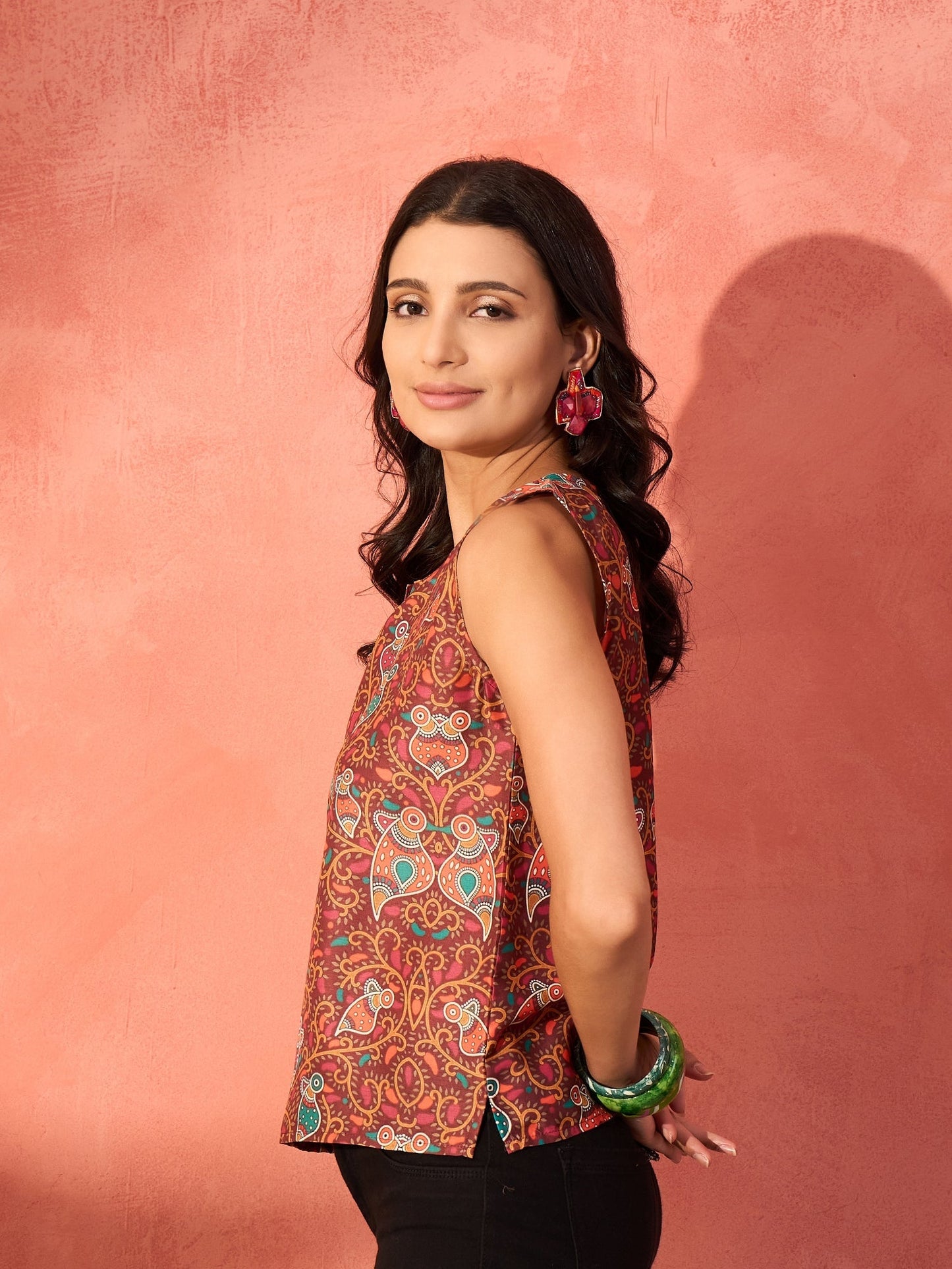 InWeave Rust Bird Jaal Print W/S Top - Swadesiicart