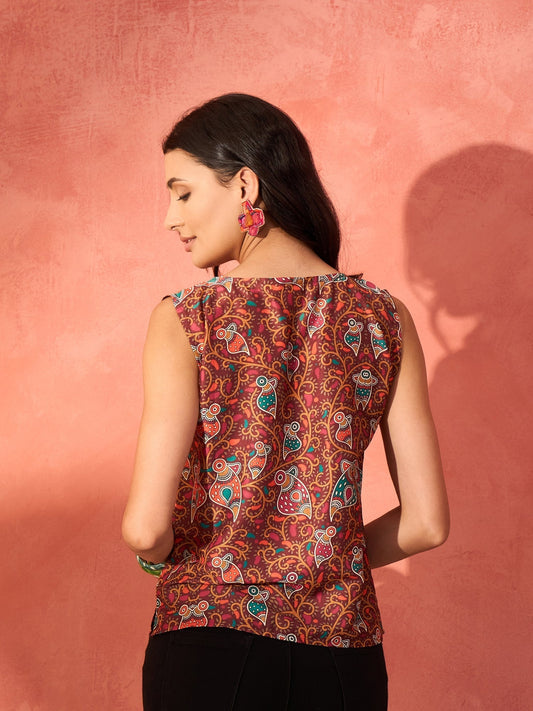 InWeave Rust Bird Jaal Print W/S Top - Swadesiicart