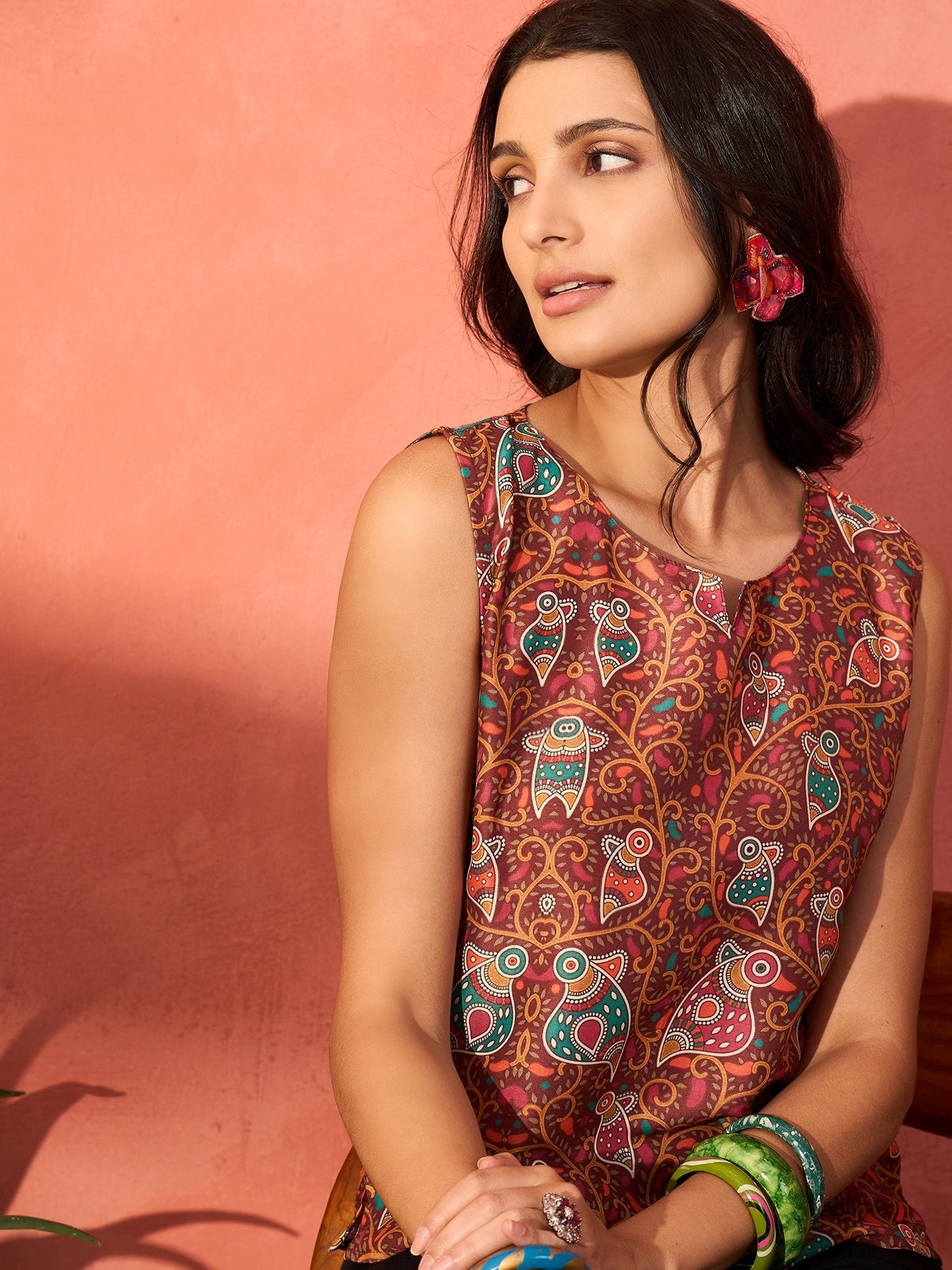 InWeave Rust Bird Jaal Print W/S Top - Swadesiicart