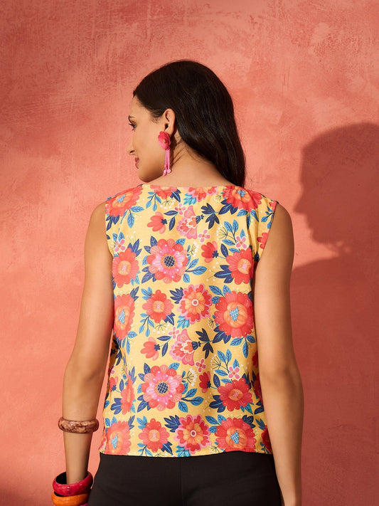 InWeave Butter Yellow Big Floral Print W/S Top - Swadesiicart